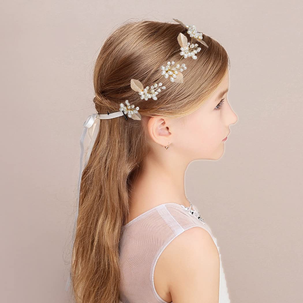 Elegant Golden Leaf Pearl Bridal Headpiece - Alloy Tie Back Princess Headband for Wedding Bride & Bridesmaid | Women's Prom Photography Hair Accessories | Perfect for Weddings, Proms, and Special Occasions