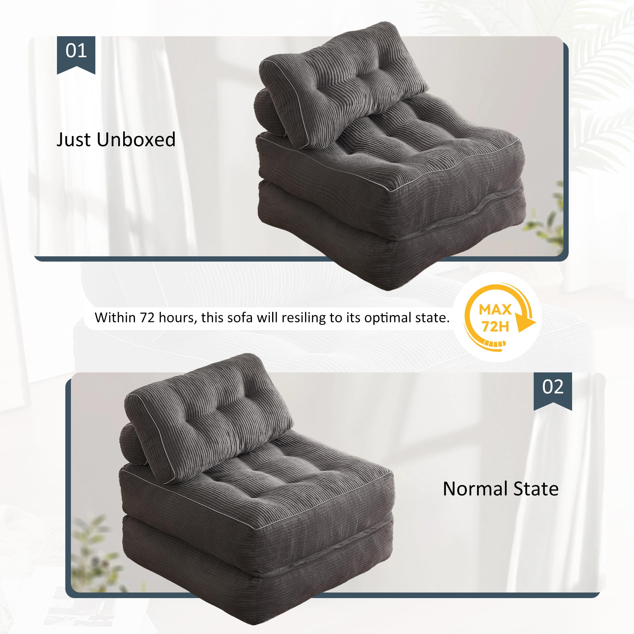Convertible Folding Chair Bed - Multi-Functional Futon Sofa Bed for Living Room, Bedroom & Small Spaces - Grey Floor Couch for Adults - Perfect for Guest Sleeping, Lounging & Space Saving