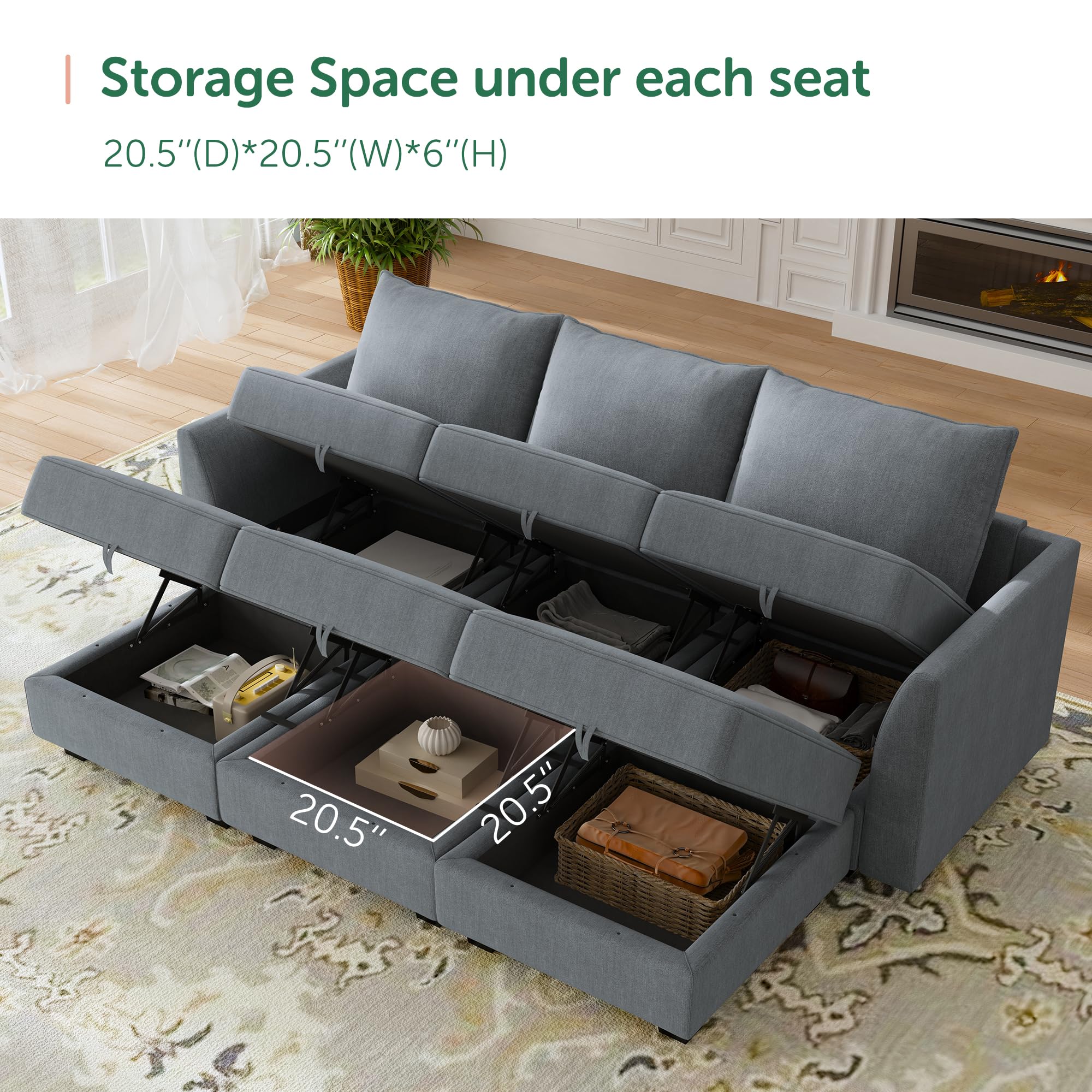 HONBAY Modular Sectional Sleeper Sofa with Storage | Convertible Reversible Chaise Sectional Couch for Living Room | Bluish Grey | Perfect for Small Spaces, Guest Rooms & Home Theater Lounging