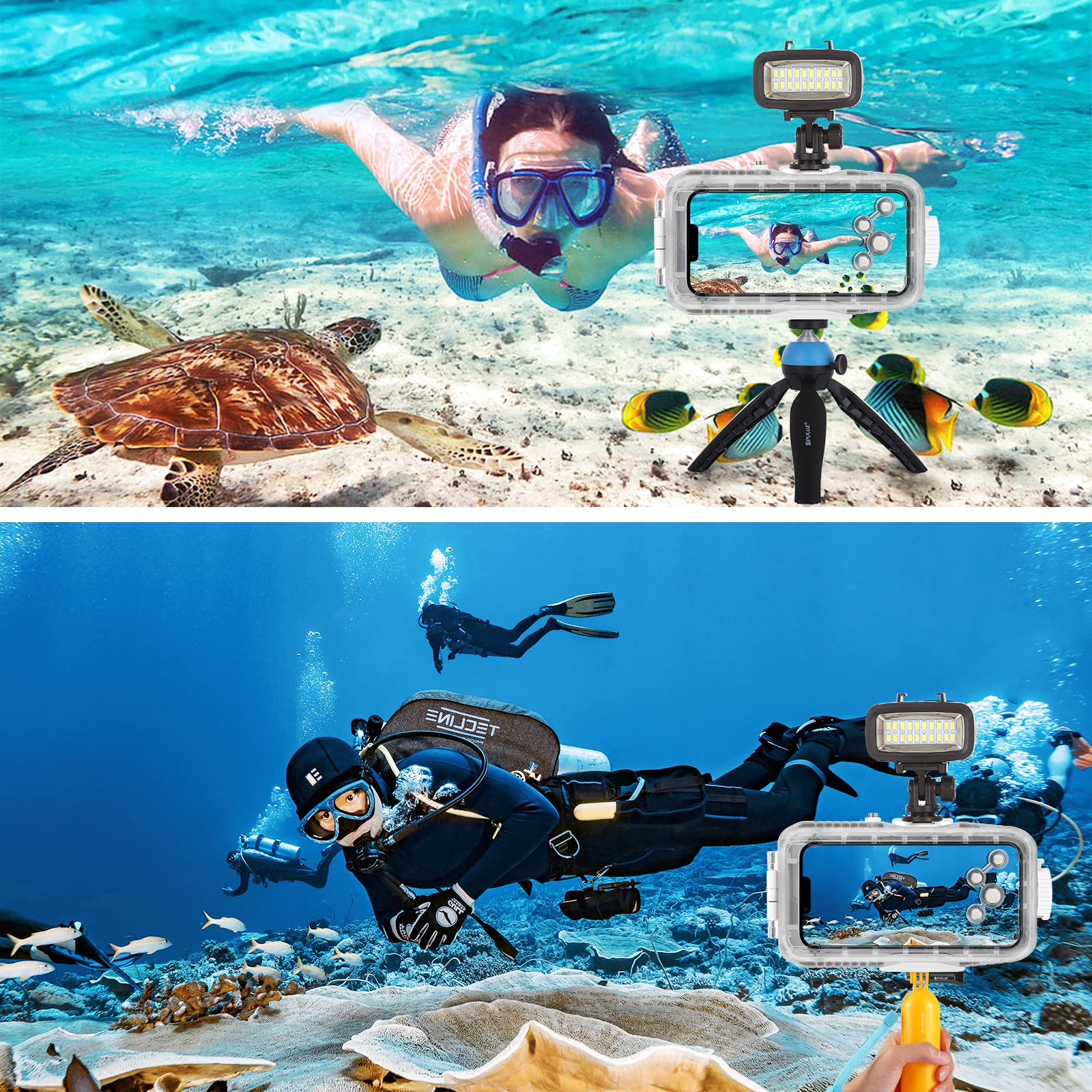 PULUZ 40m/131ft Waterproof Diving Case for iPhone 14/14 Pro/13/13 Pro/12/12 Pro - Professional Underwater Photography Housing with One-Way Valve for Snorkeling, Scuba Diving & Beach Vacations (White)