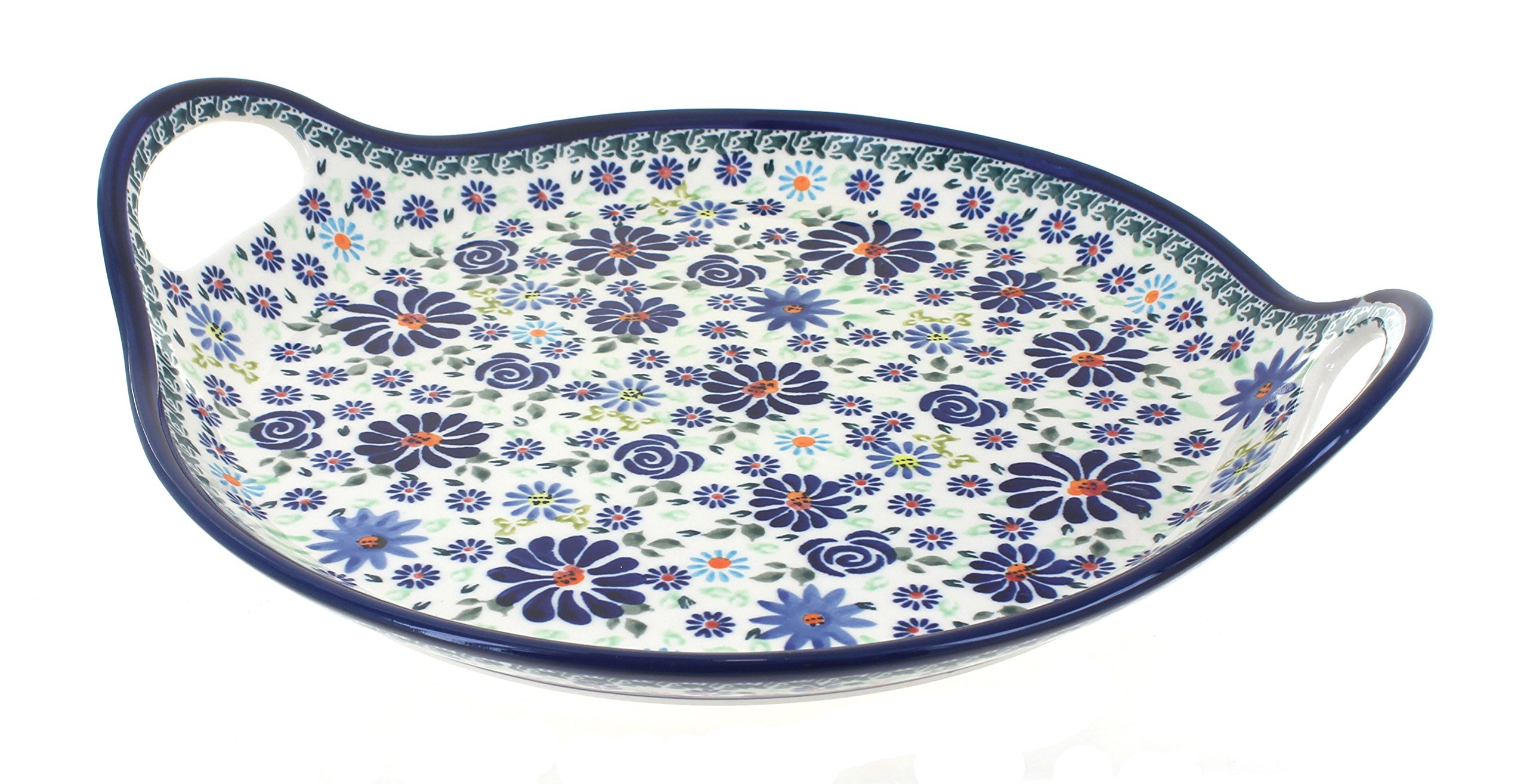 Handmade Blue Rose Polish Pottery Serving Tray - Round Decorative Fantasy Plate with Handles - Perfect for Tea Parties, Home Decor & Gift Giving