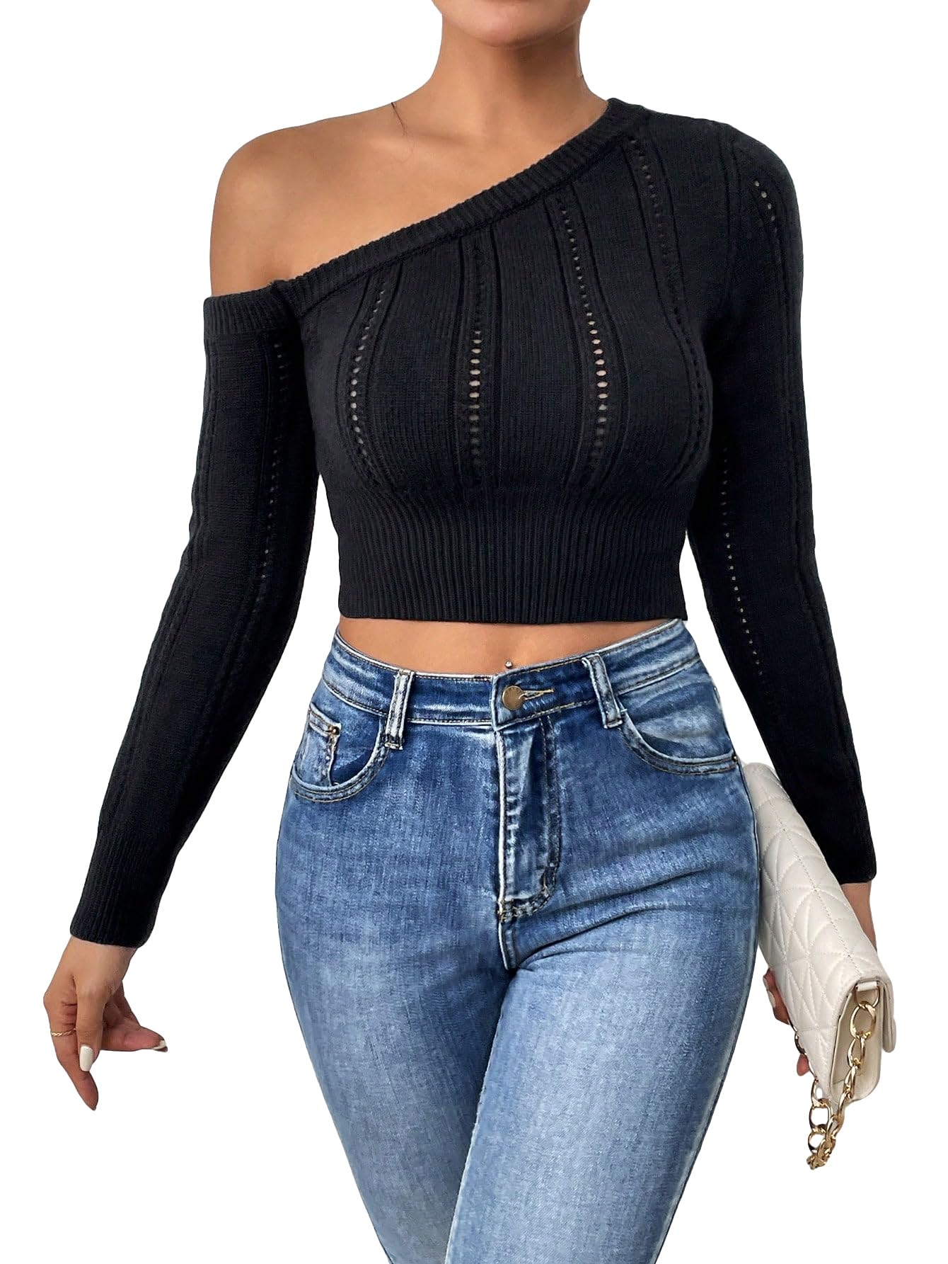 SOLY HUX Women's Off Shoulder Long Sleeve Pointelle Knit Pullover Sweater - Soft Crop Top for Casual Wear, Date Night & Fall Layering