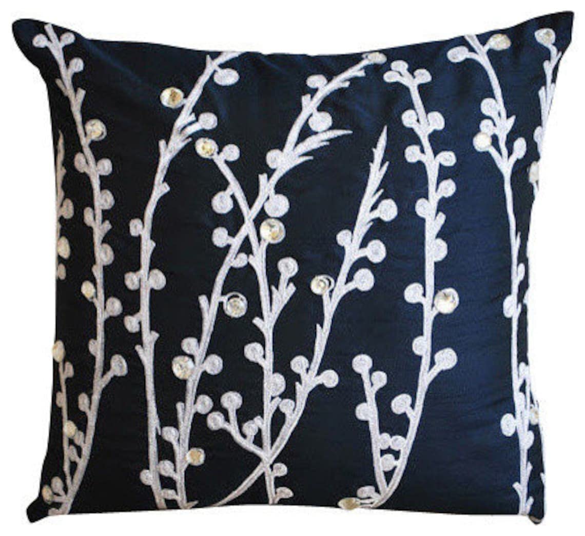 Premium Navy Blue Silk Sofa Cushion Cover 16x16 Inch (40x40 cm) - Floral & Ivy Decorative Pillow Case for Living Room, Bedroom, Office - Contemporary Home Decor with Crystal Accents - Perfect for Sofa, Chair, or Bed Styling