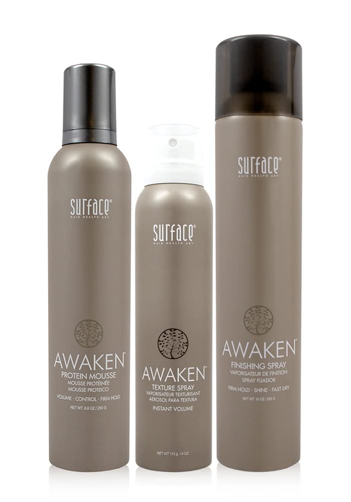 Surface Hair Awaken Styling Trio Set - Volumizing Mousse, Texturizing Spray & Finishing Spray for Beach Waves & Everyday Hairstyles | Perfect for Salon-Quality Looks at Home
