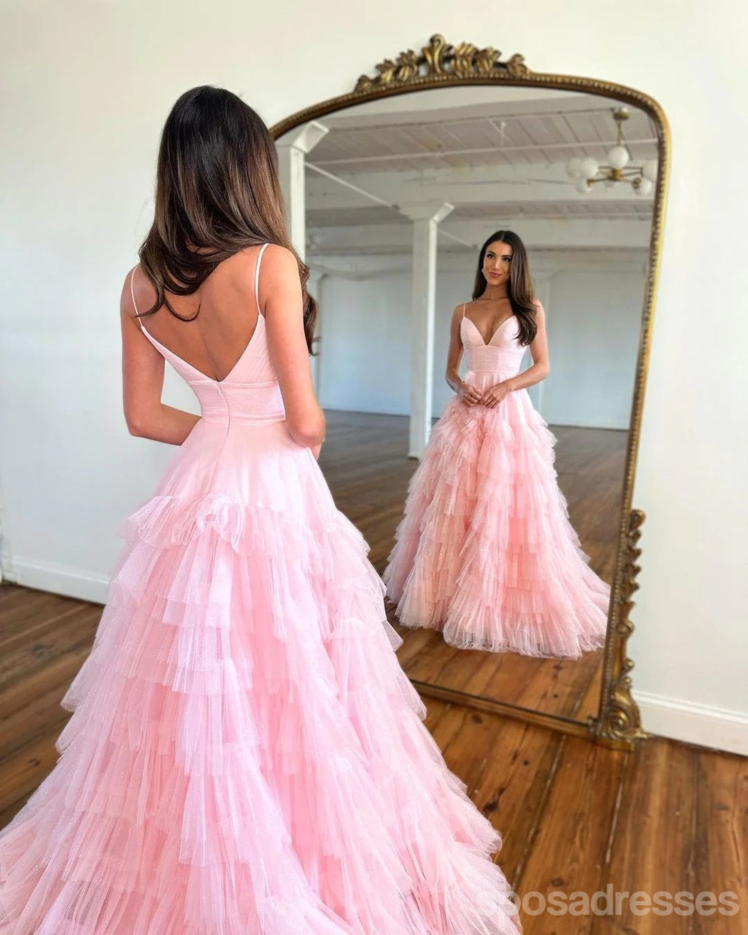 Elegant Pink A-Line V-Neck Spaghetti Strap Maxi Prom Dress for Women - Perfect for Parties, Weddings & Formal Events