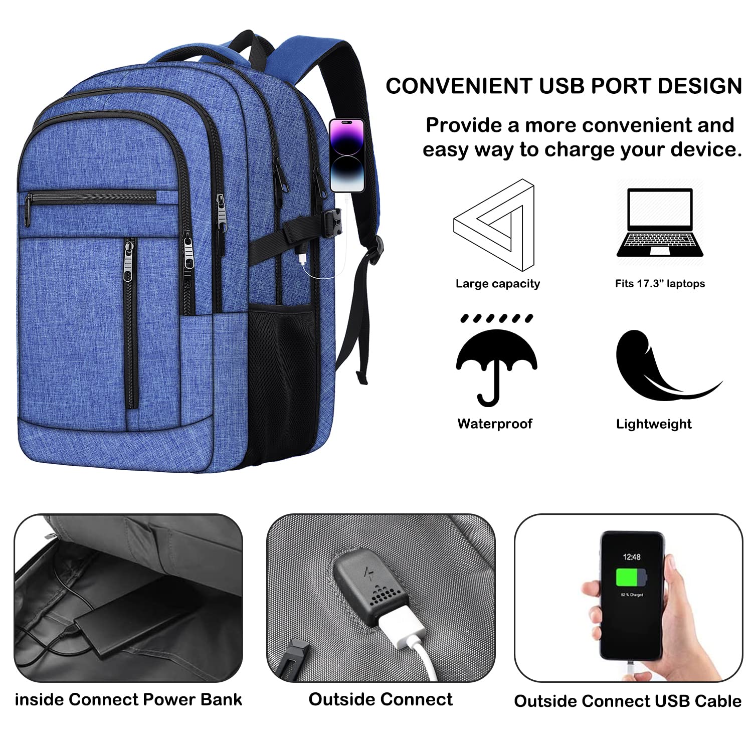 17 Inch Anti-Theft Travel Laptop Backpack with USB Charging Port - Extra Large TSA Approved Business Backpack for Men & Women - Water Resistant & Durable - Perfect for Air Travel, Commuting & Work (Blue)