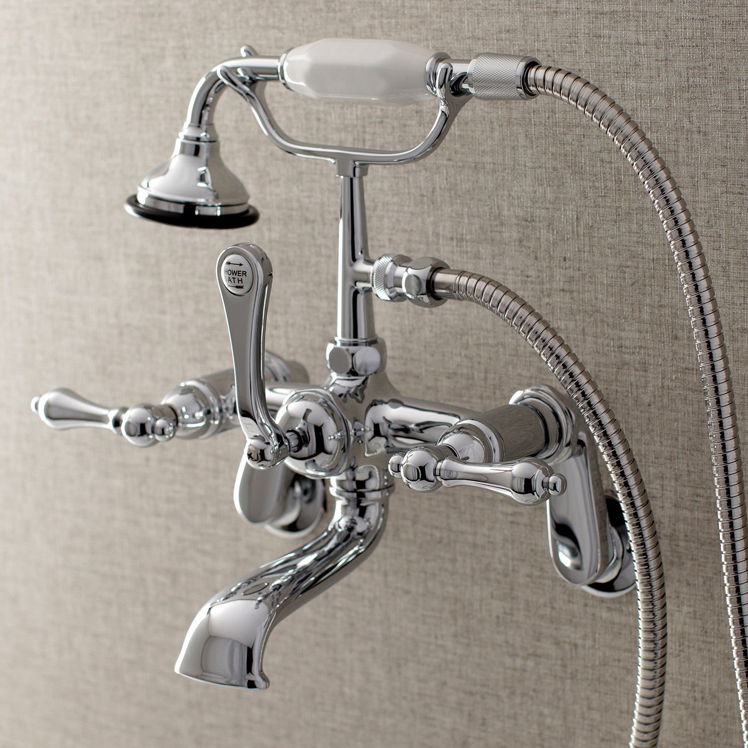 Vintage Clawfoot Tub Faucet with Hand Shower - 3 Handle Wall Mount 2 Hole Bathroom Fixture in Polished Chrome - Perfect for Antique Style Bathrooms & Spa Retreats