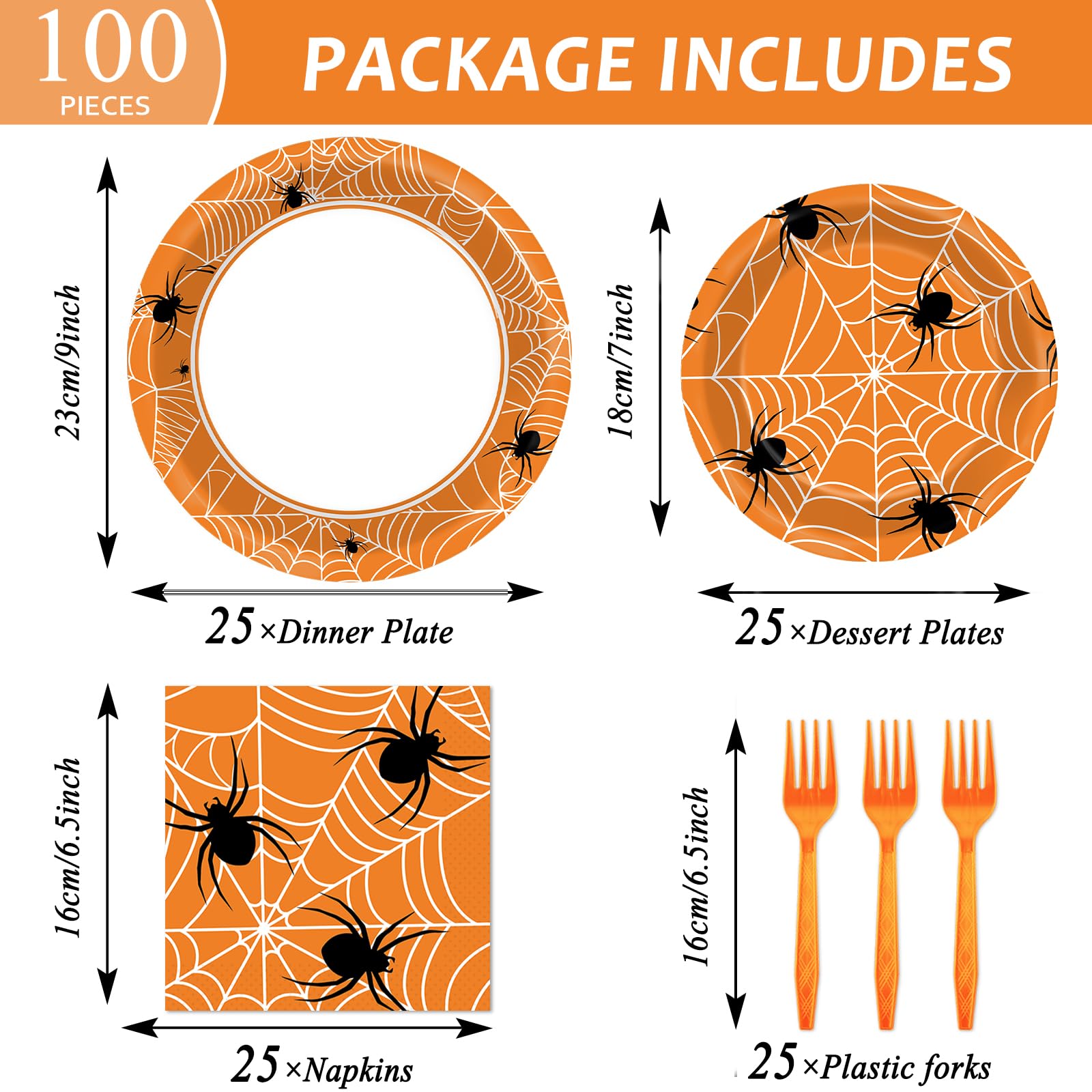 100 Pcs Black and White Spiderweb Party Plates & Napkins Set - Halloween Dinnerware for 25 Guests | Perfect for Halloween Parties, Themed Decorations & Spooky Table Settings