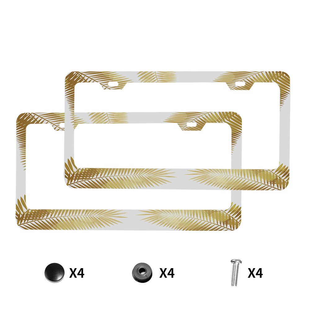 Premium Gold Palm Leaf Metal License Plate Frame - Elegant White Illustration Car Tag Cover for Men & Women - Perfect for Beach, Tropical & Summer Car Decor