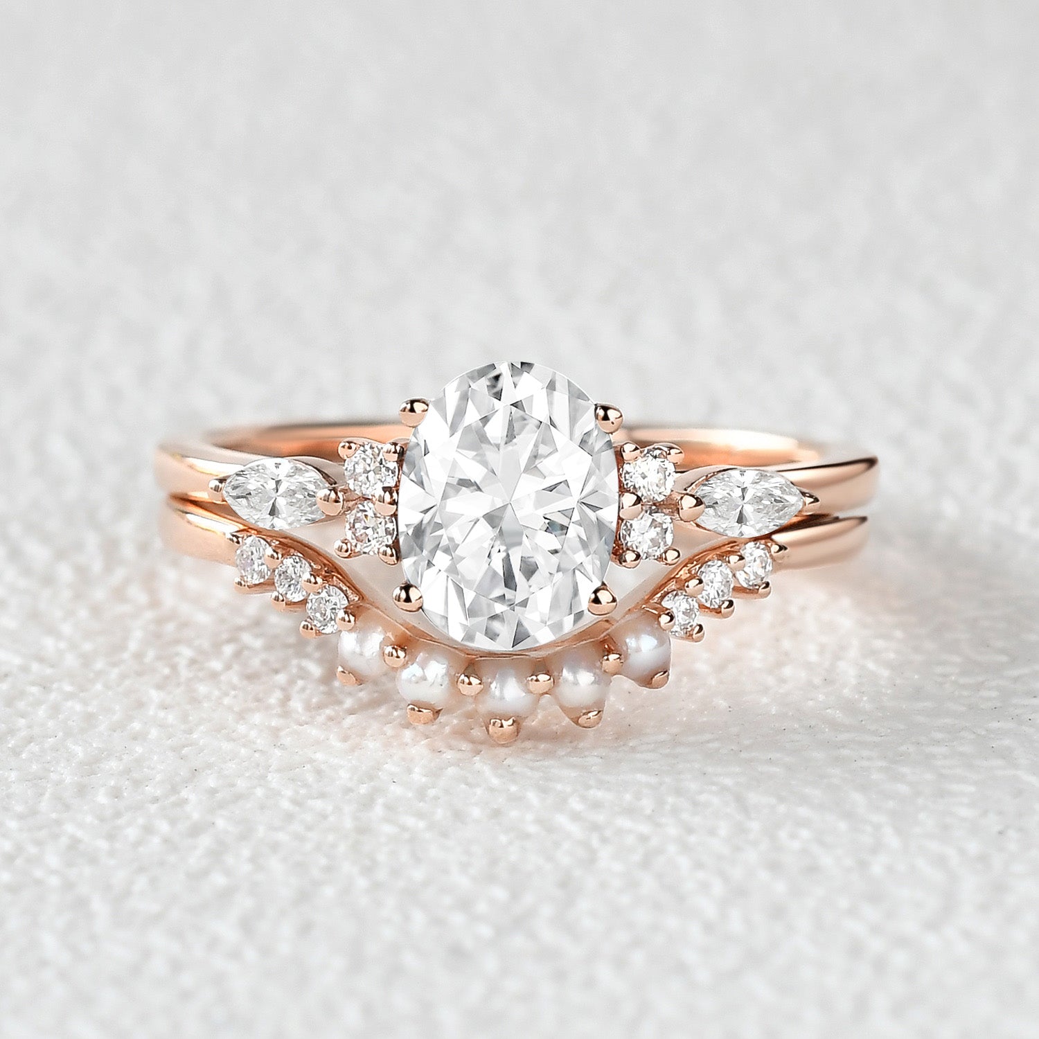 Oval Cut Moissanite & Pearl Ring Set 2pcs - Elegant Wedding Band & Engagement Ring for Women - Perfect for Proposals, Anniversaries & Special Occasions