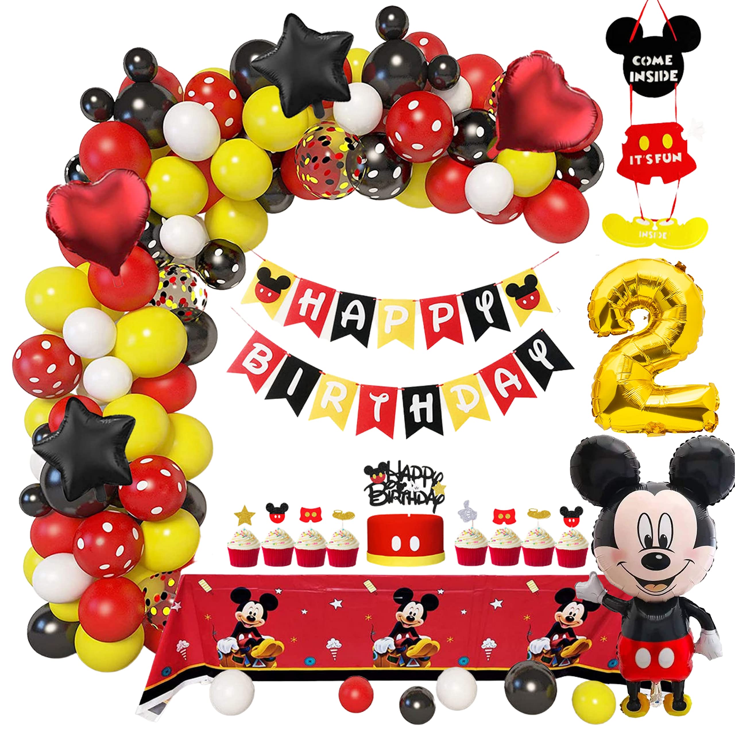 Mickey Mouse 2nd Birthday Party Decorations Kit - Balloon Arch Garland, 45 Inch Giant Jumbo Foil Balloon, Happy Birthday Banner, Door Sign, Cake & Cupcake Toppers, Confetti, Mylar Balloons & Tablecloth - Perfect for Disney Themed Birthday Celebrations & Decor
