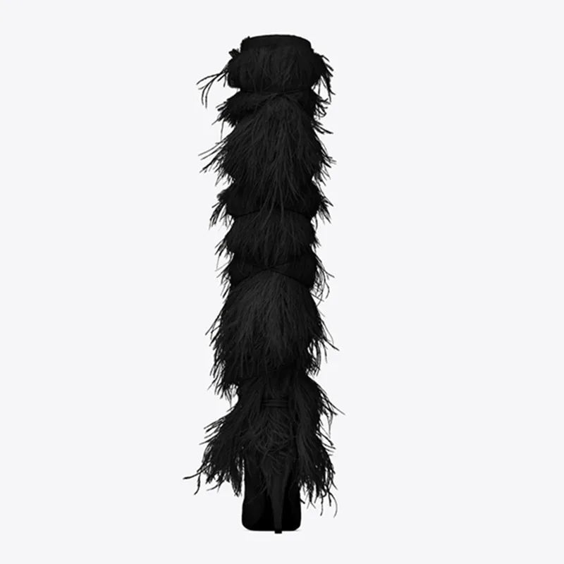 Sexy Women's Suede Over The Knee High Heel Boots with Feather & Cross-Tie Detail - Pointed Toe Party Shoes for Night Out, Clubwear & Special Occasions