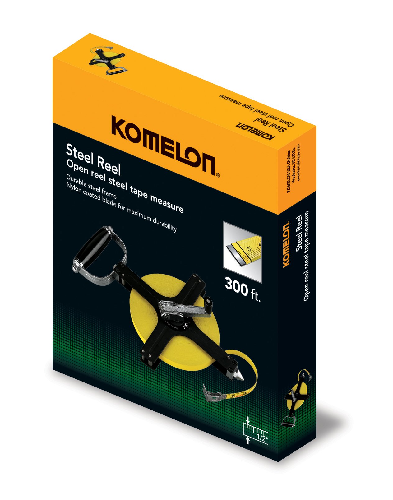 Komelon N6300 300-Feet Open Reel Metal Frame Long Steel Tape Measure - Heavy Duty Measuring Tool for Construction, Landscaping & DIY Projects | Outdoor & Indoor Use