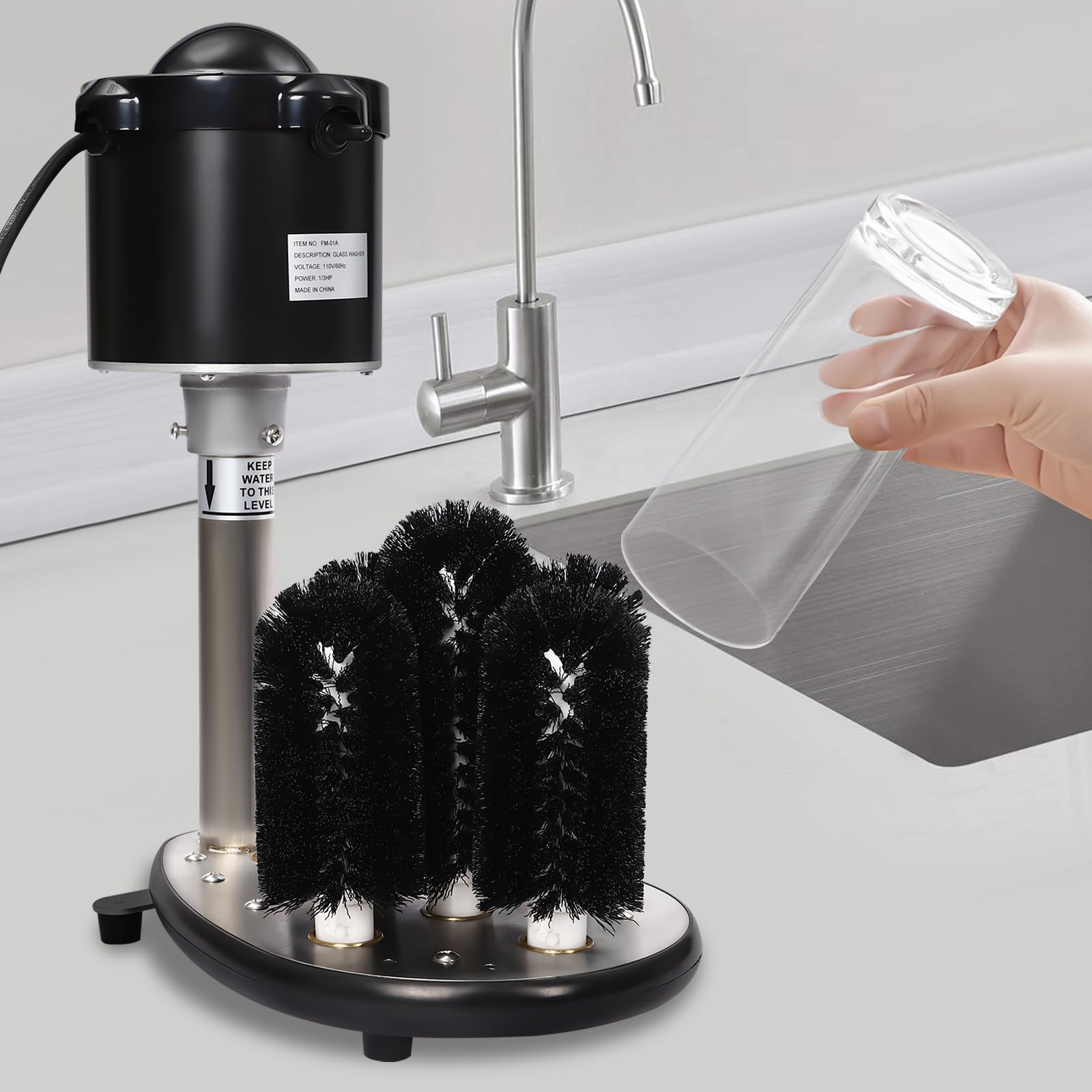Commercial Glass Washer Machine - 5 Brush Stainless Steel Electric Wine Glass Cleaner for Bars, Cafes & Restaurants | Automatic Cup Washing System for Winery, Pub, Hotel & Kitchen Use (Black)