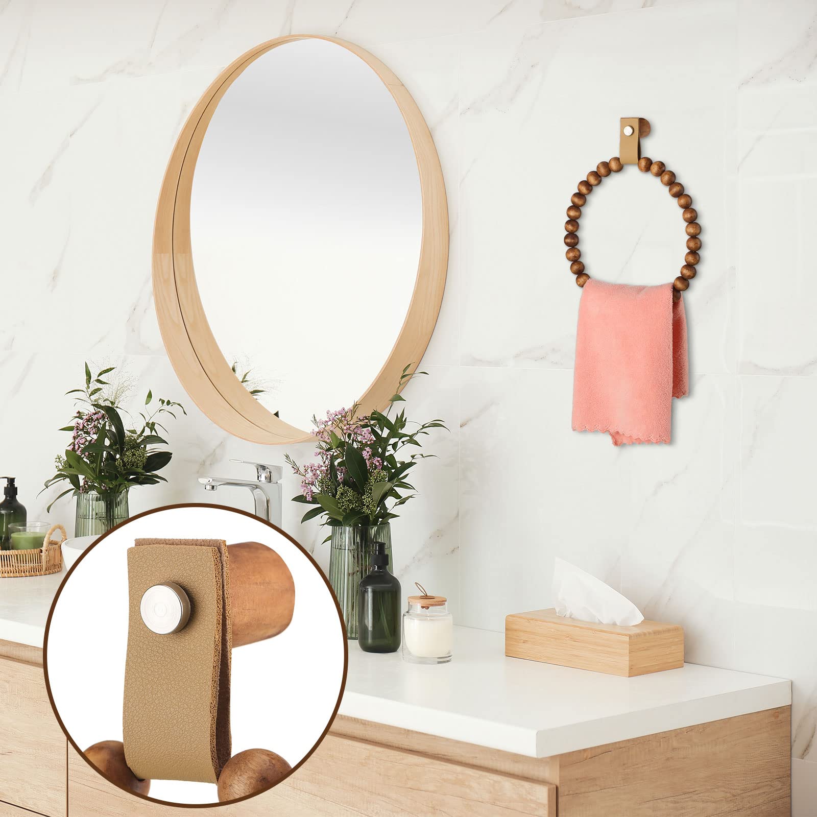 2 Pcs Handmade Boho Towel Rack - Wooden Beaded Round Wall Mounted Towel Ring Holder - Rustic Farmhouse Bathroom & Kitchen Decor - Perfect for Hanging Hand Towels in Bath, Powder Room or Country Style Kitchen