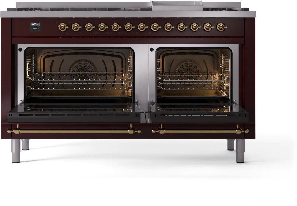 ILVE Nostalgie II 60-Inch Dual Fuel Natural Gas Range - Burgundy with Brass Trim (UP60FNMPBUG) | Professional Kitchen Stove for Home Chefs & Gourmet Cooking