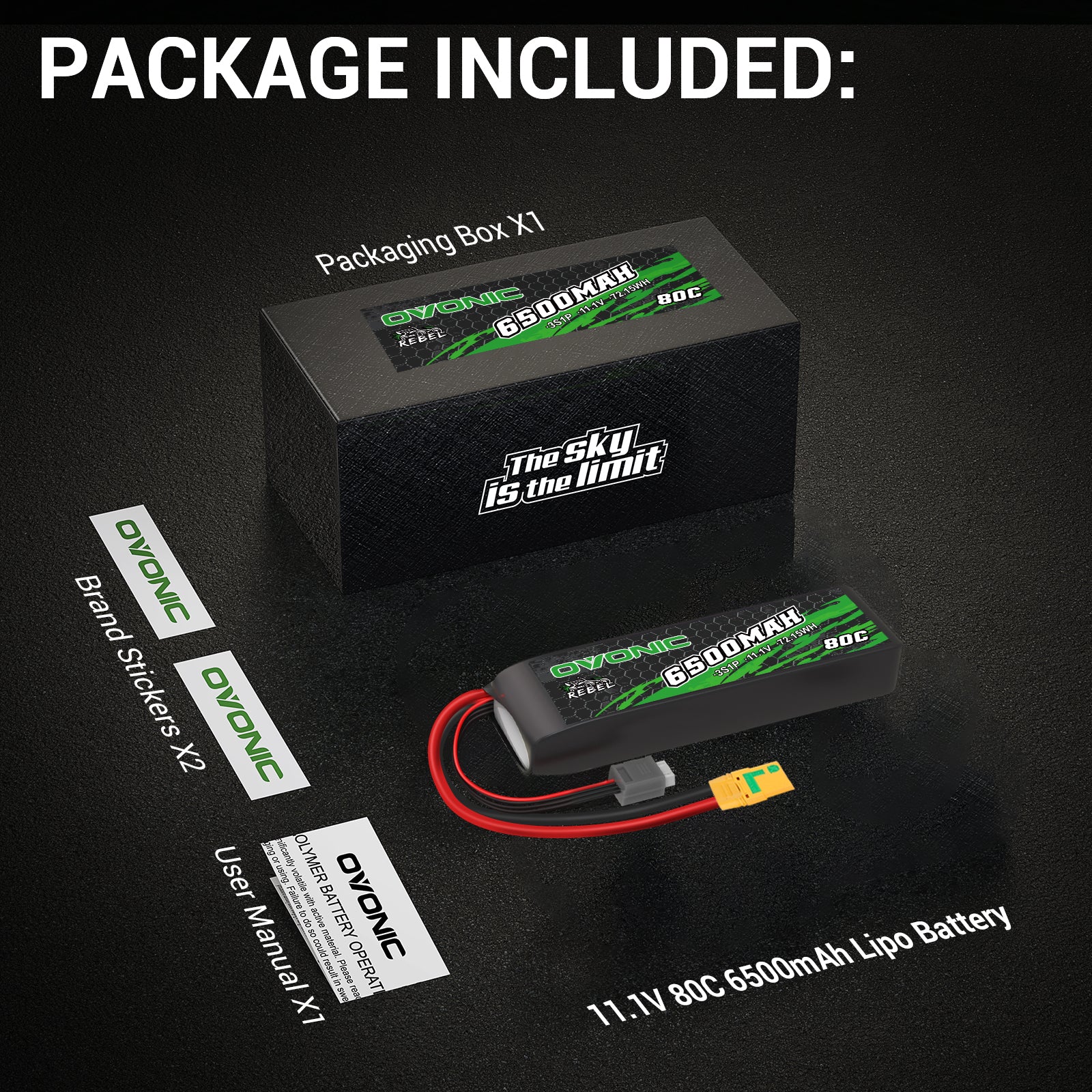 Ovonic Rebel 80C 6500mAh 3S 11.1V LiPo Battery with XT90 Plug - High Performance RC Battery for ARRMA 3S & 6S Vehicles - Perfect for RC Cars, Trucks, and Off-Road Bashing