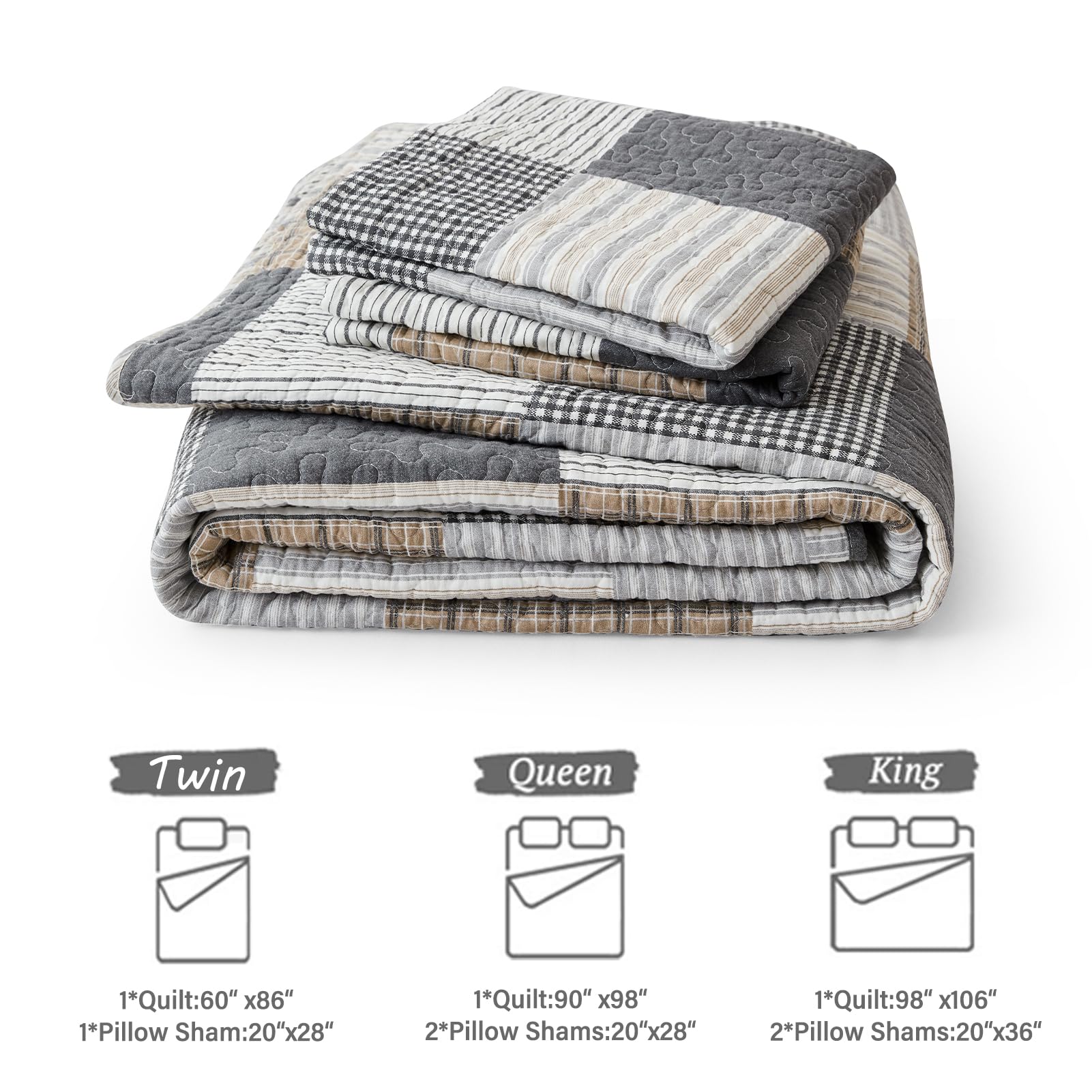 Y-PLWOMEN 100% Cotton Queen Size Quilt Set - Lightweight Reversible Patchwork Plaid Bedspread, 3-Piece All Season Comforter in Grey/Brown/White/Black | Perfect for Bedroom Decor, Guest Room & Cozy Home Styling