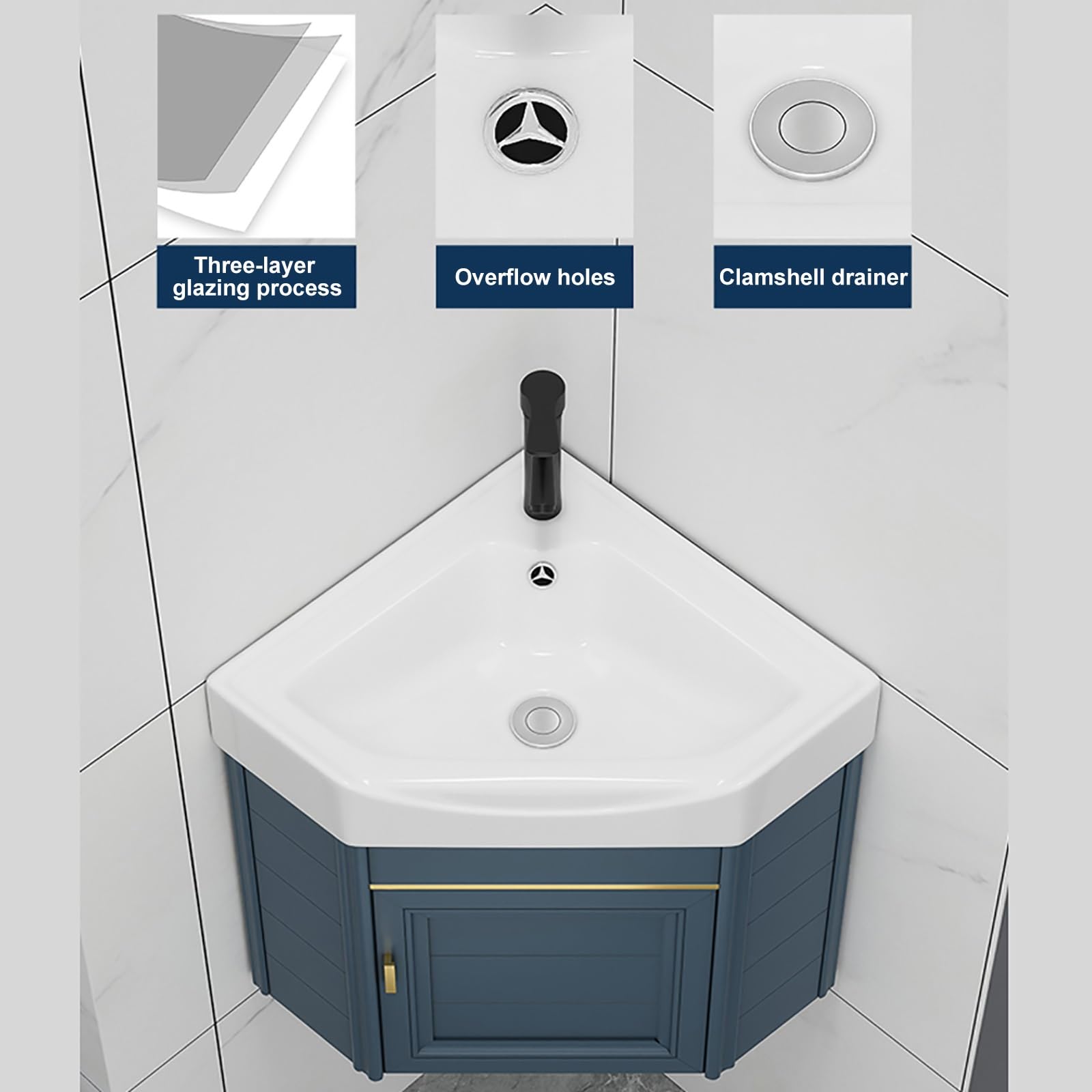 Wall Mounted Corner Bathroom Sink with Storage - 17 Inch White Ceramic Vanity Sink for Small Bathrooms - Space Saving Design for Apartments, Powder Rooms & RV Baths
