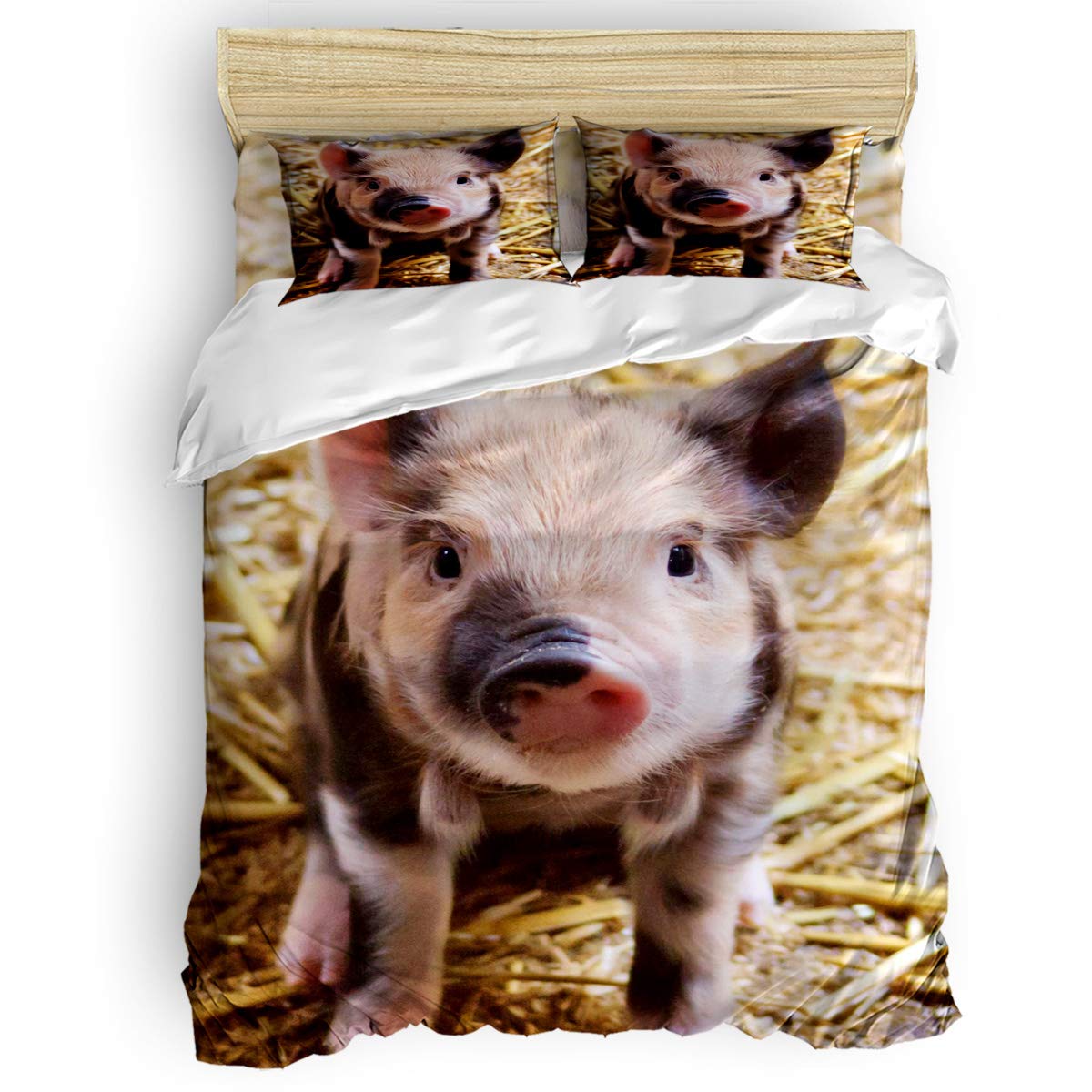 EZON-CH Stylish 4-Piece King Size Duvet Cover Set - 3D Pig Animal Pattern Bedding with 2 Pillowcases, 1 Duvet Cover & 1 Fitted Sheet for Home & Hotel Decor | Perfect for Kids' Rooms, Guest Bedrooms & Cozy Family Nights