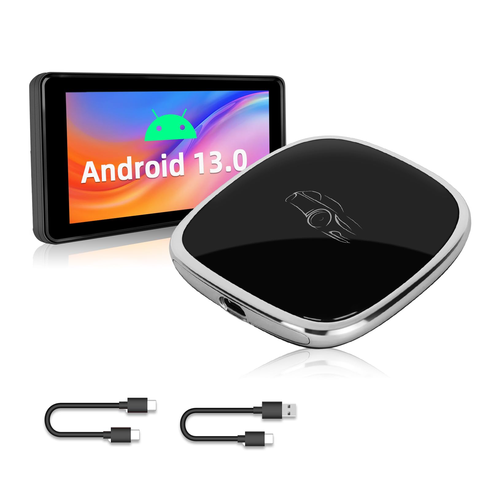 Podofo 4+64GB 8-Core Android 13 CarPlay AI Box - Wireless Apple CarPlay & Android Auto Adapter with Bluetooth, Plug & Play, Auto-Connect - Supports Mirror Link, SIM Card, Netflix & YouTube - Perfect for Tesla, BMW, Audi & More (Car Entertainment Upgrade)