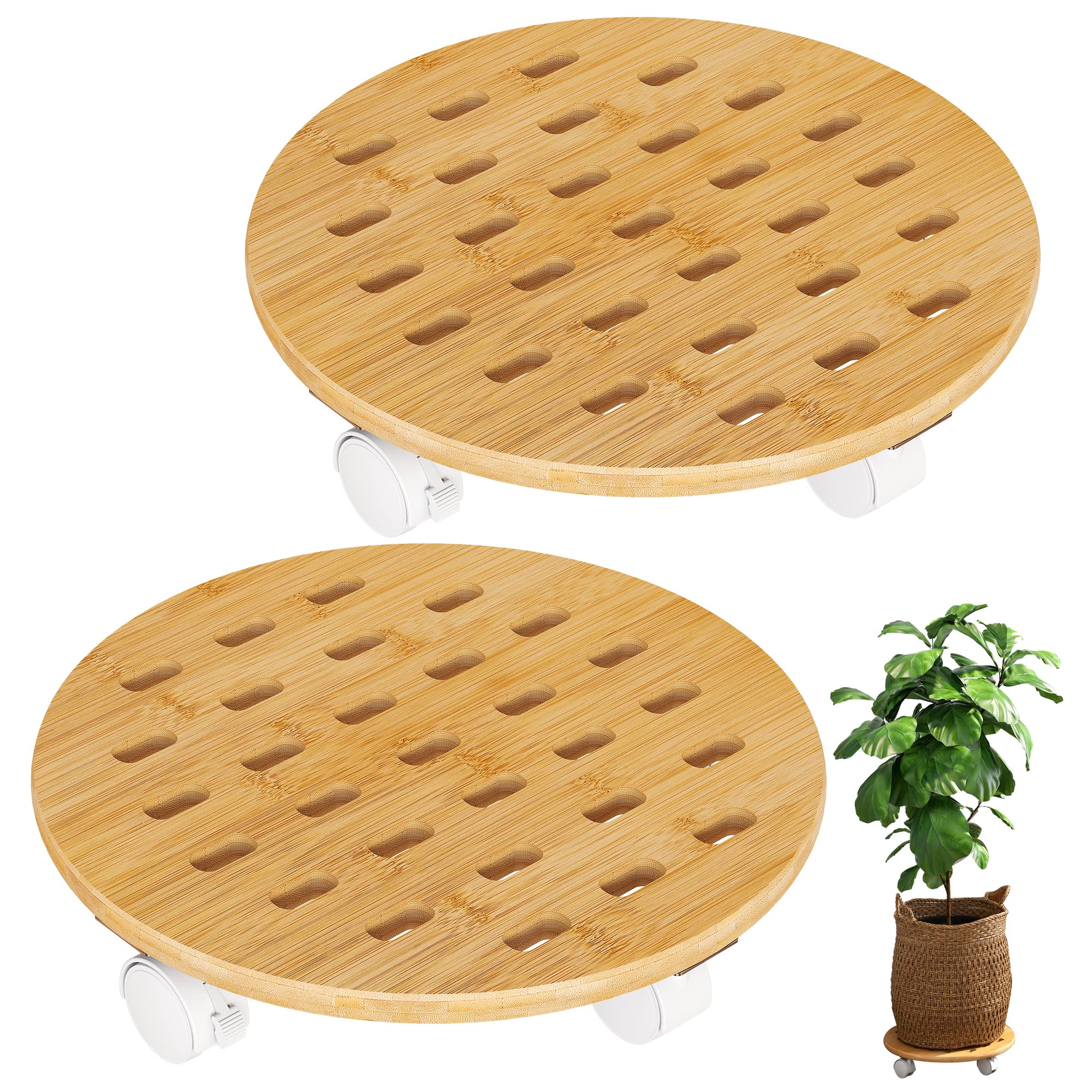 FILWH 13 Inch Bamboo Plant Caddy with 360° Lockable Wheels - 2 Pack Indoor/Outdoor Plant Stand with Pulley System - Natural Corner Display Shelf for Home Decor, Garden, Office & Patio