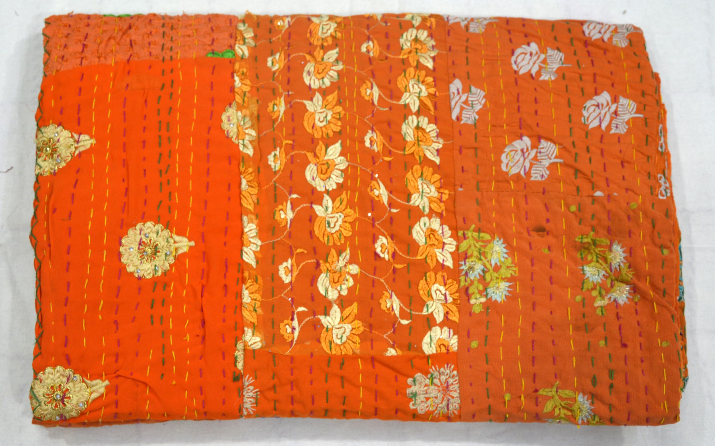 Marusthali Kantha Cotton Quilt - Handmade Indian Blanket with Sari Patchwork & Embroidery - Queen Size 90x108 Inch Bedspread, Throw, Coverlet - Orange with Sham Covers - Perfect for Boho Bedroom Decor, Guest Room Accent & Cozy Living Room Throw