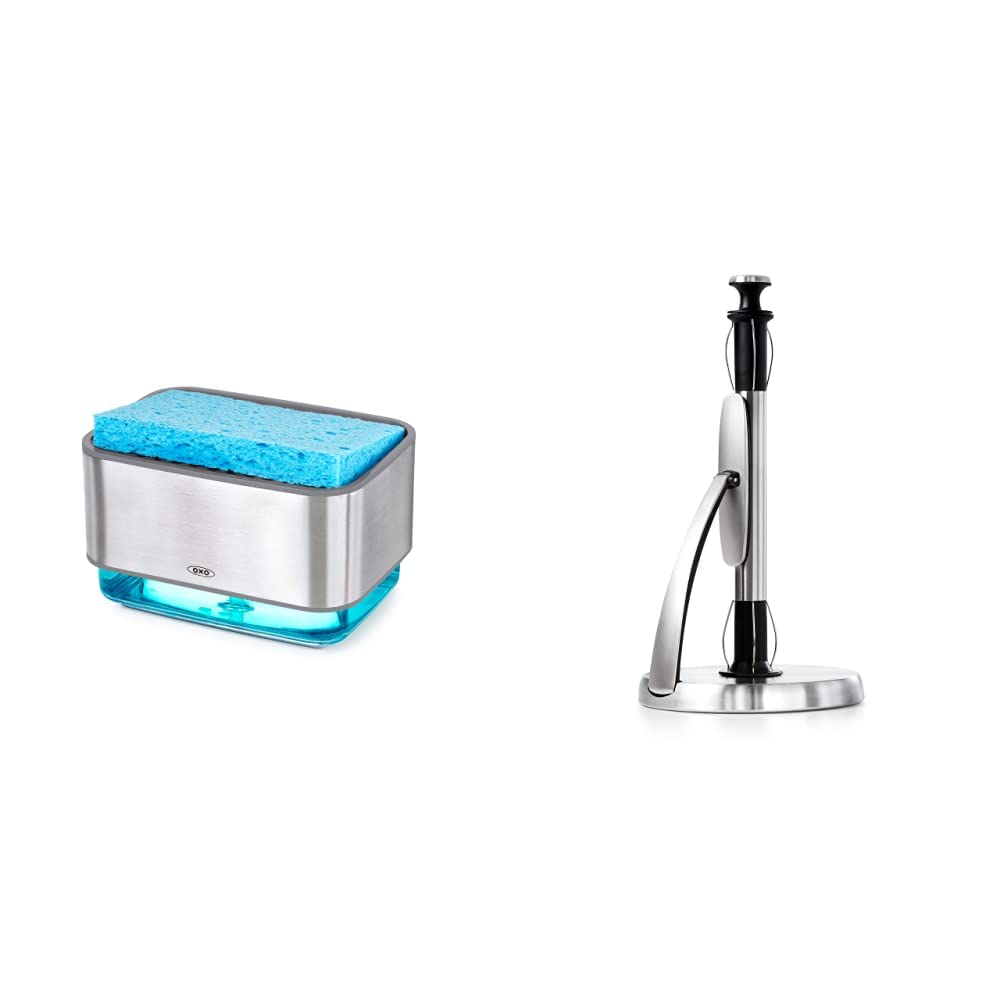 OXO Good Grips Stainless Steel Soap Dispensing Sponge Holder & Paper Towel Holder Bundle - Kitchen Sink Organizer for Sponges, Brushes, and Paper Towels - Perfect for Dishwashing and Countertop Organization