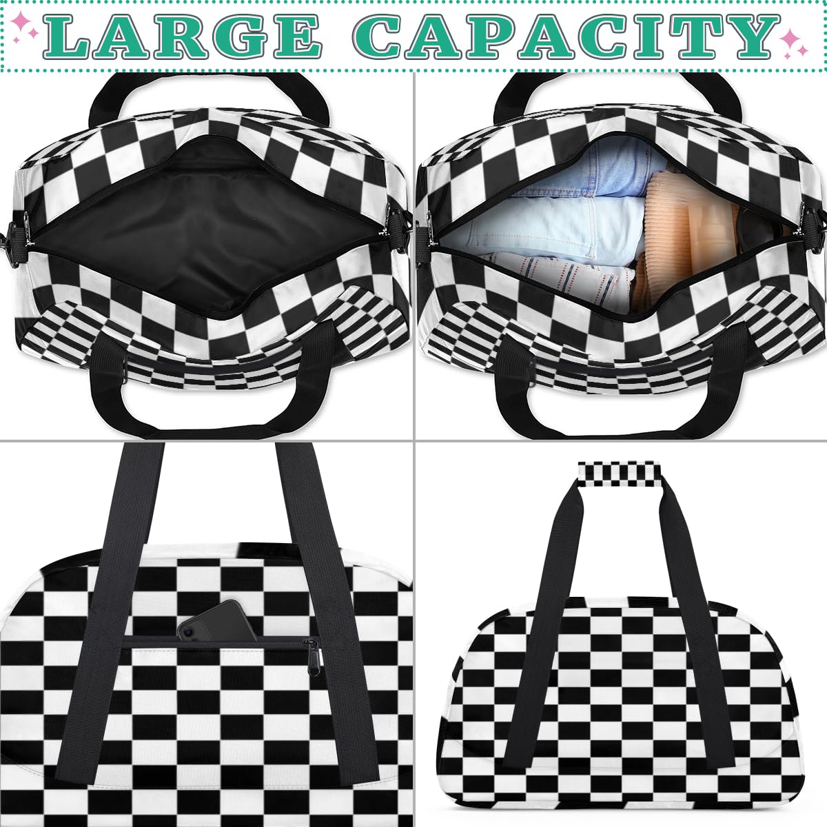 Kids Overnight Duffel Bag - Waterproof Checkered Black Travel & Gym Bag for Boys - Portable Carry-On Weekender for Sleepovers, Sports & Workouts | Perfect for School Trips, Weekend Getaways & Sports Practice