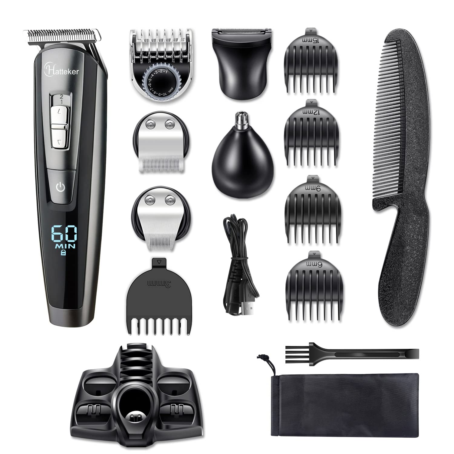 Hatteker Cordless Beard & Hair Trimmer for Men - Rechargeable USB Wet/Dry Clipper Kit with LED Display - Battery Powered Grooming Tool for Men, Women & Kids - Perfect for Home, Travel & Professional Use