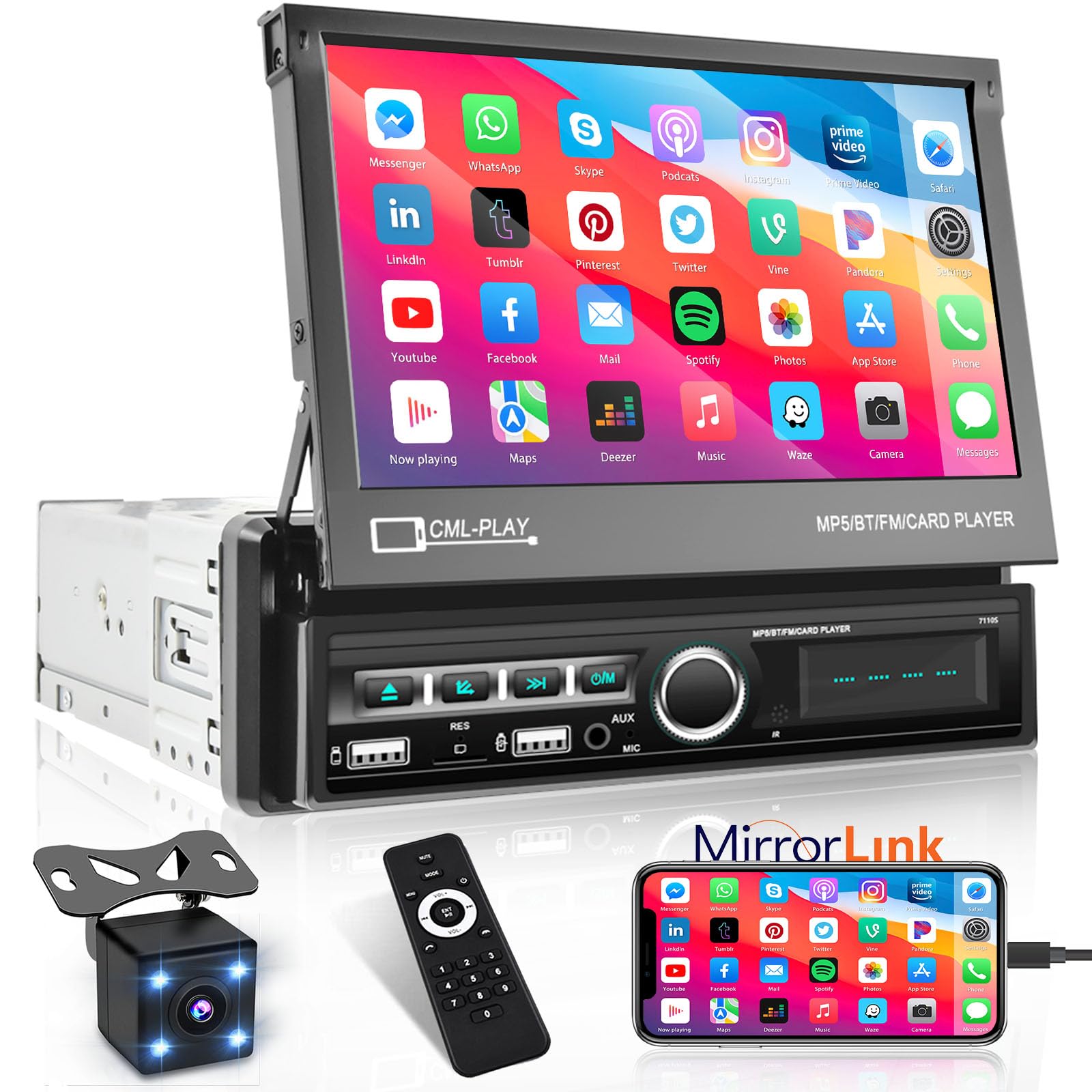 Hikity 7 Inch Single Din Touchscreen Car Stereo with Flip Out Screen - Bluetooth, FM Radio, Mirror Link, USB/TF/AUX Input, EQ, SWC & Backup Camera | Perfect for Car Audio Upgrade & Hands-Free Driving