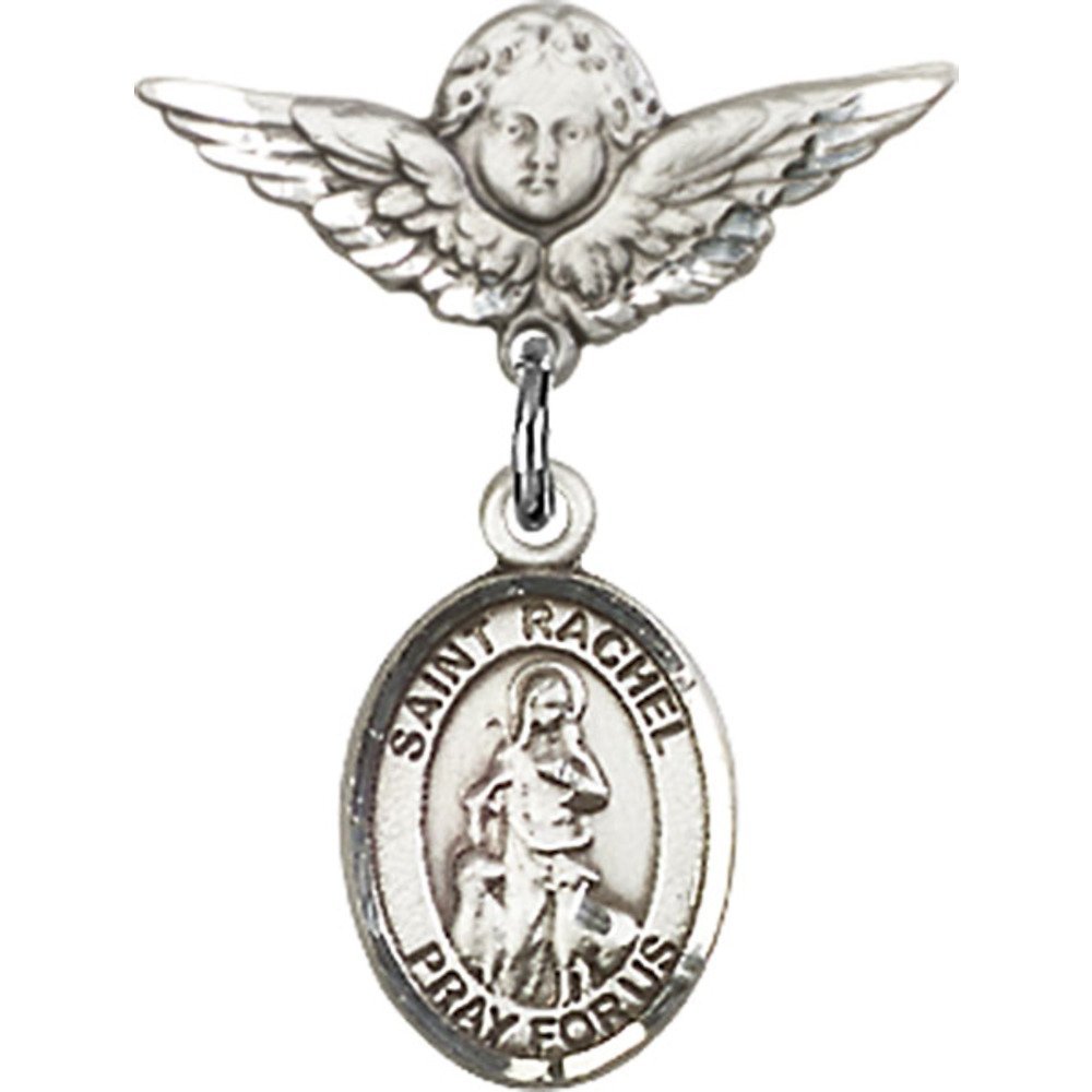 Sterling Silver Baby Badge with St. Rachel Charm & Angel Wing Pin - 7/8