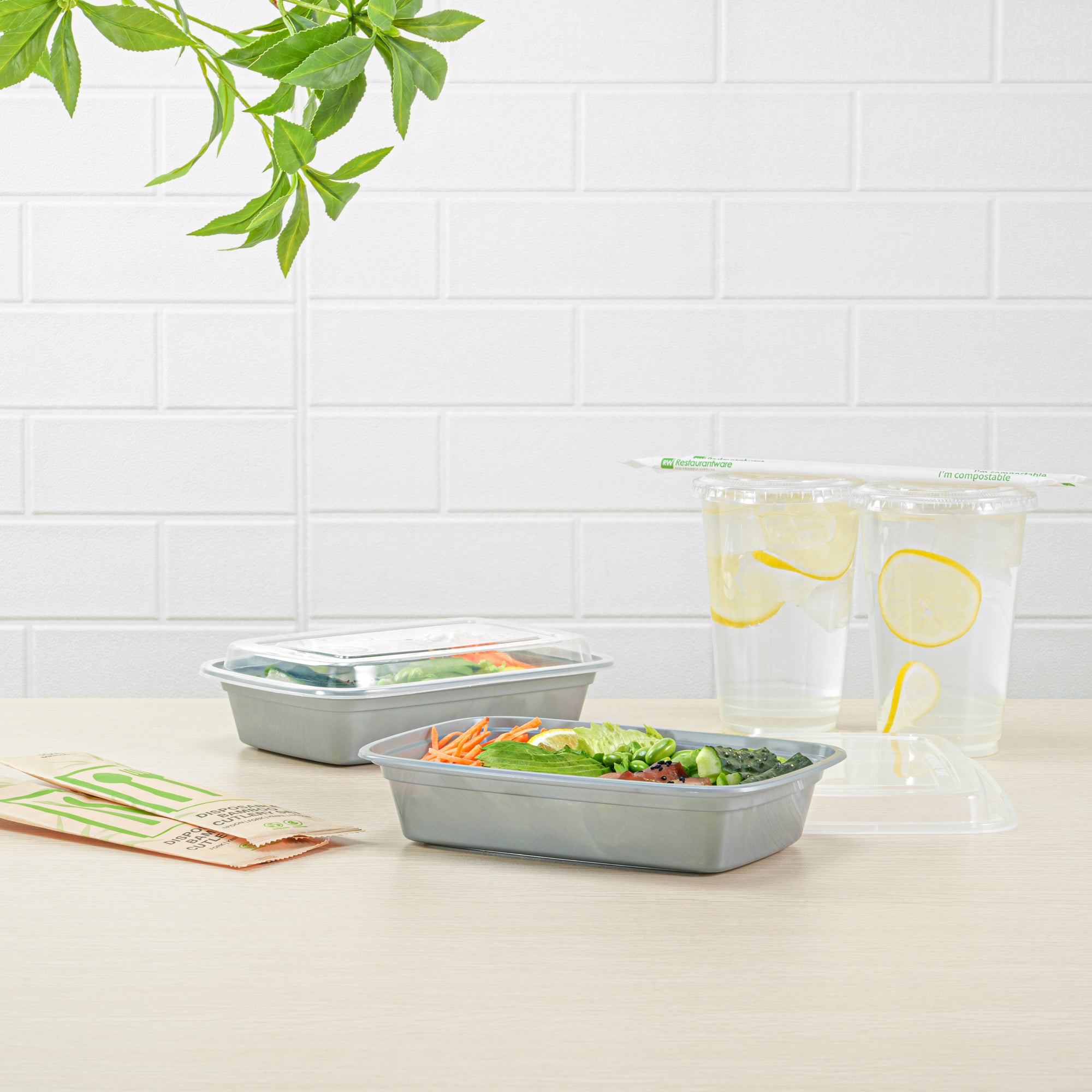 24 oz Rectangle Silver Plastic To-Go Food Containers with Clear Lids - Microwave Safe (8