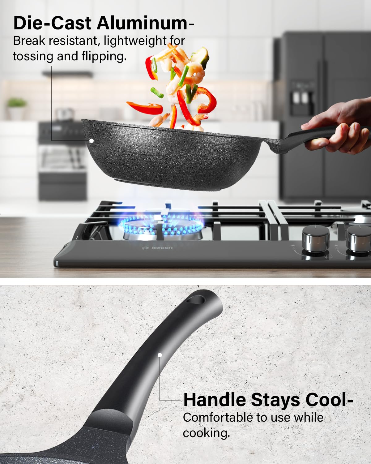 Nonstick Deep Fry Pan with Lid - 11 Inch Marble Wok Saute Skillet for Stir Frying, Black | Cook N Home Large Frying Pan for Sautéing, Frying & Cooking Family Meals