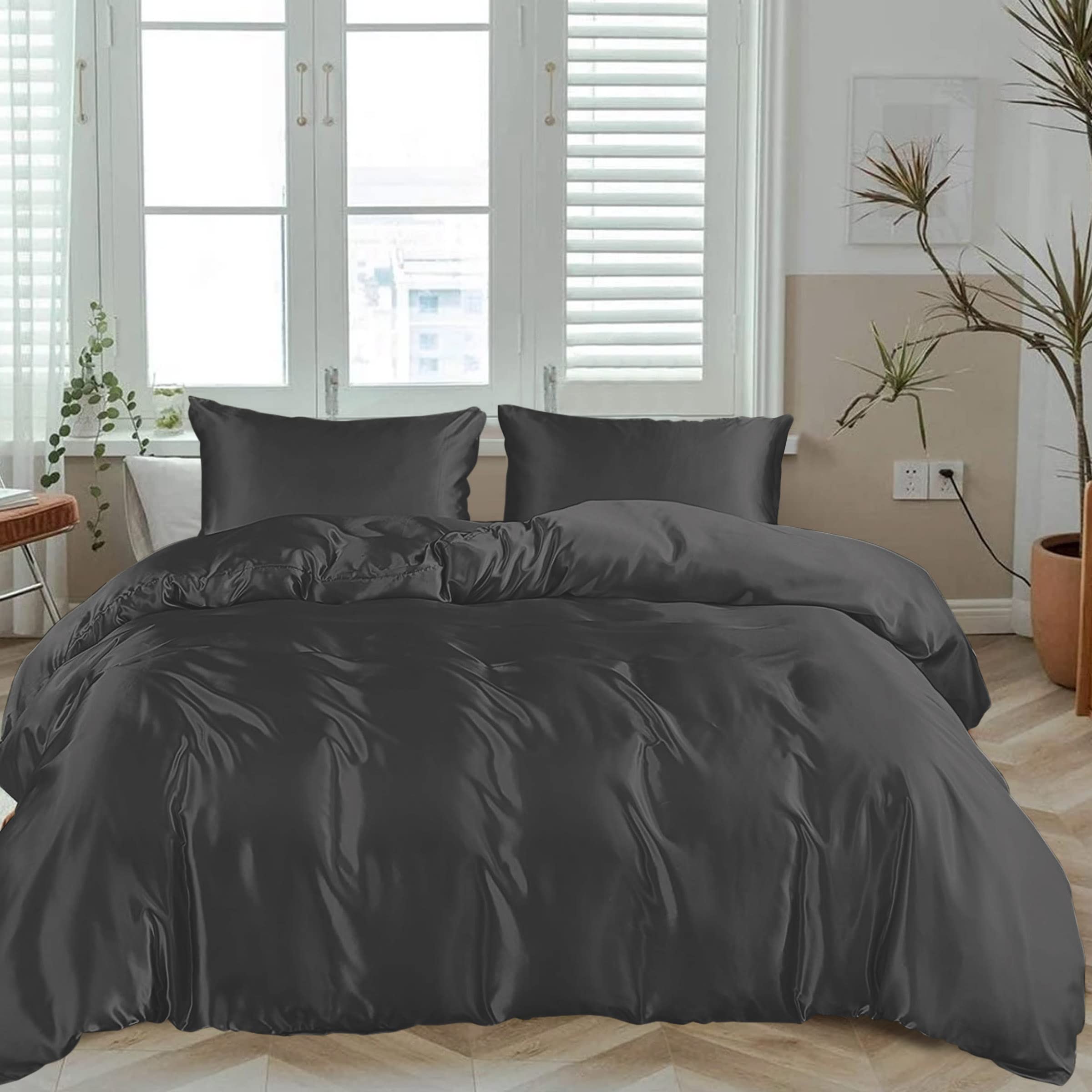 Organic Bamboo Duvet Cover Set - 2 Piece Twin Size (68x86 Inches) with Zipper & Corner Ties - Softest, Natural, Cooling Charcoal Grey Comforter Cover - Hypoallergenic & Breathable for Hot Sleepers - Perfect for Bedroom, Guest Room & Summer Nights