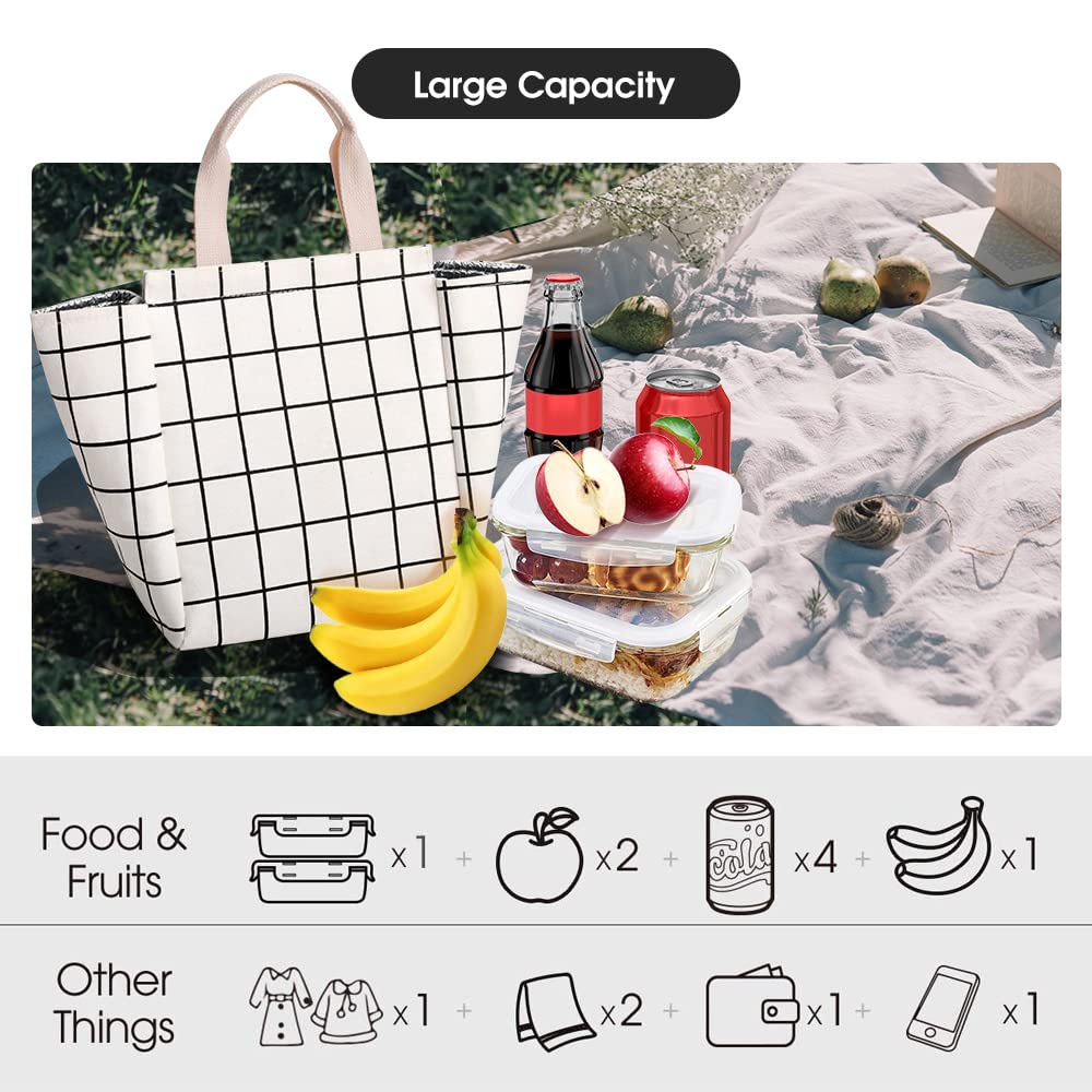 Eco-Friendly Reusable Insulated Lunch Bag with Aluminum Foil Lining - Thermal Lunch Tote for Women & Men - Perfect for Office, School & Picnics - Durable Canvas Fabric - White Plaid Design