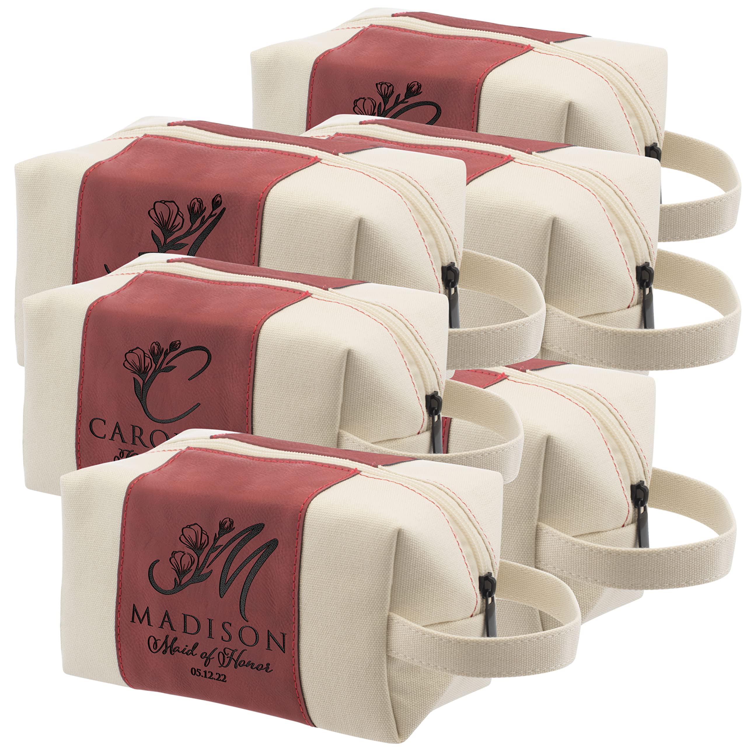 Personalized Bridesmaid Gifts Set of 6 - Custom Toiletry Bags for Women with Name, Title & Date - 3 Designs & 4 Colors - Perfect for Bridesmaid Proposals, Bridal Showers & Bachelorette Parties - Burgundy D2 Collection
