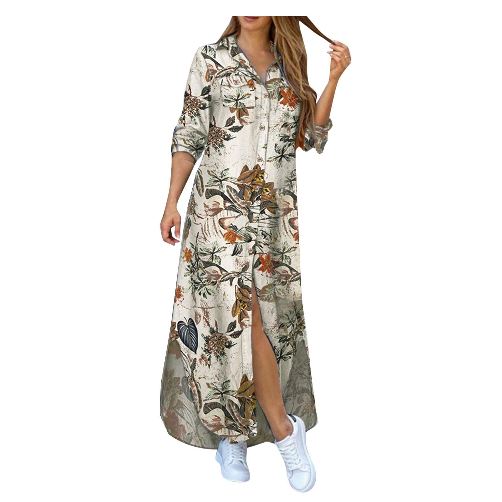 ForestYashe Women's Long Sleeve Lapel Button Up Cotton Floral Print Shirt Dress - Maxi Length Irregular Hem Casual & Office Wear for Spring/Summer