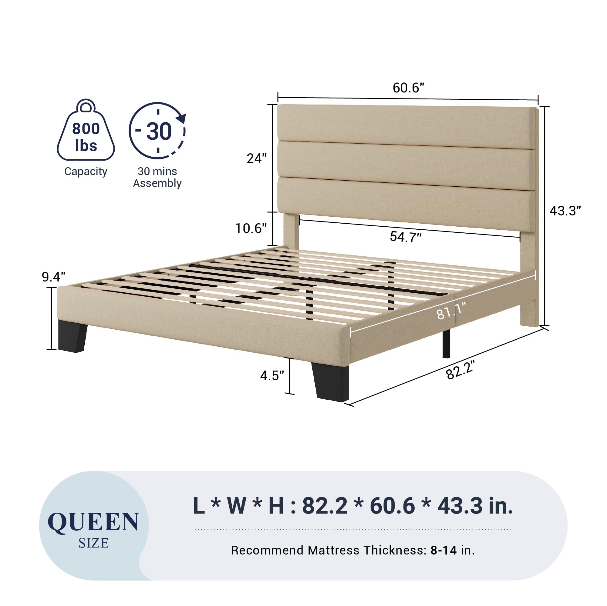 Allewie Queen Size Platform Bed Frame with Fabric Upholstered Headboard & Wooden Slats - No Box Spring Needed, Easy Assembly, Beige - Modern Bedroom Furniture for Small Spaces & Guest Rooms