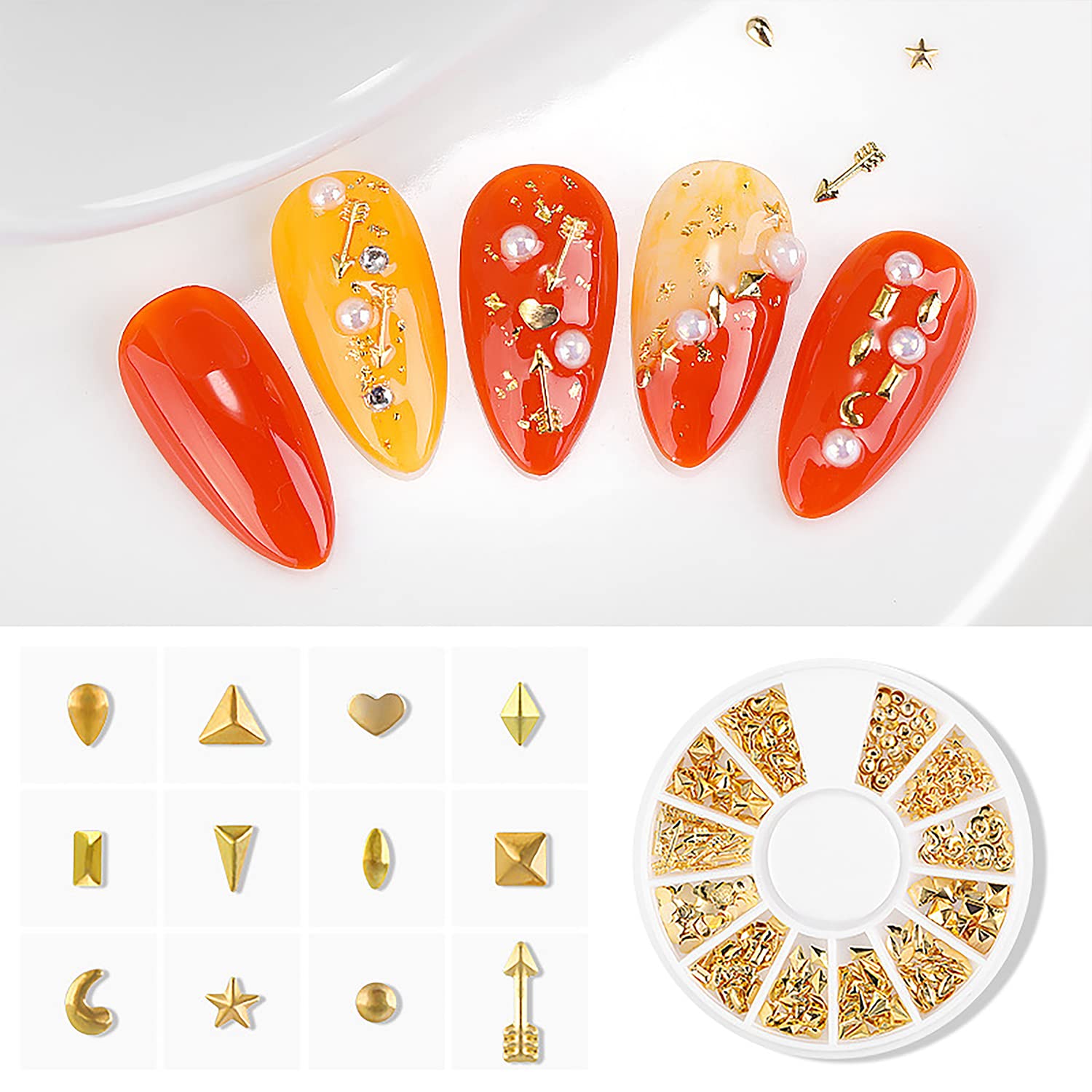 WOKOTO 6 Boxes Gold Nail Charms for Acrylic Nails - Metal Nail Studs, Nail Art Decorations with Flowers, Shells, Stars & Moons Designs | Perfect for DIY Nail Art, Manicures, Pedicures & Professional Salon Use