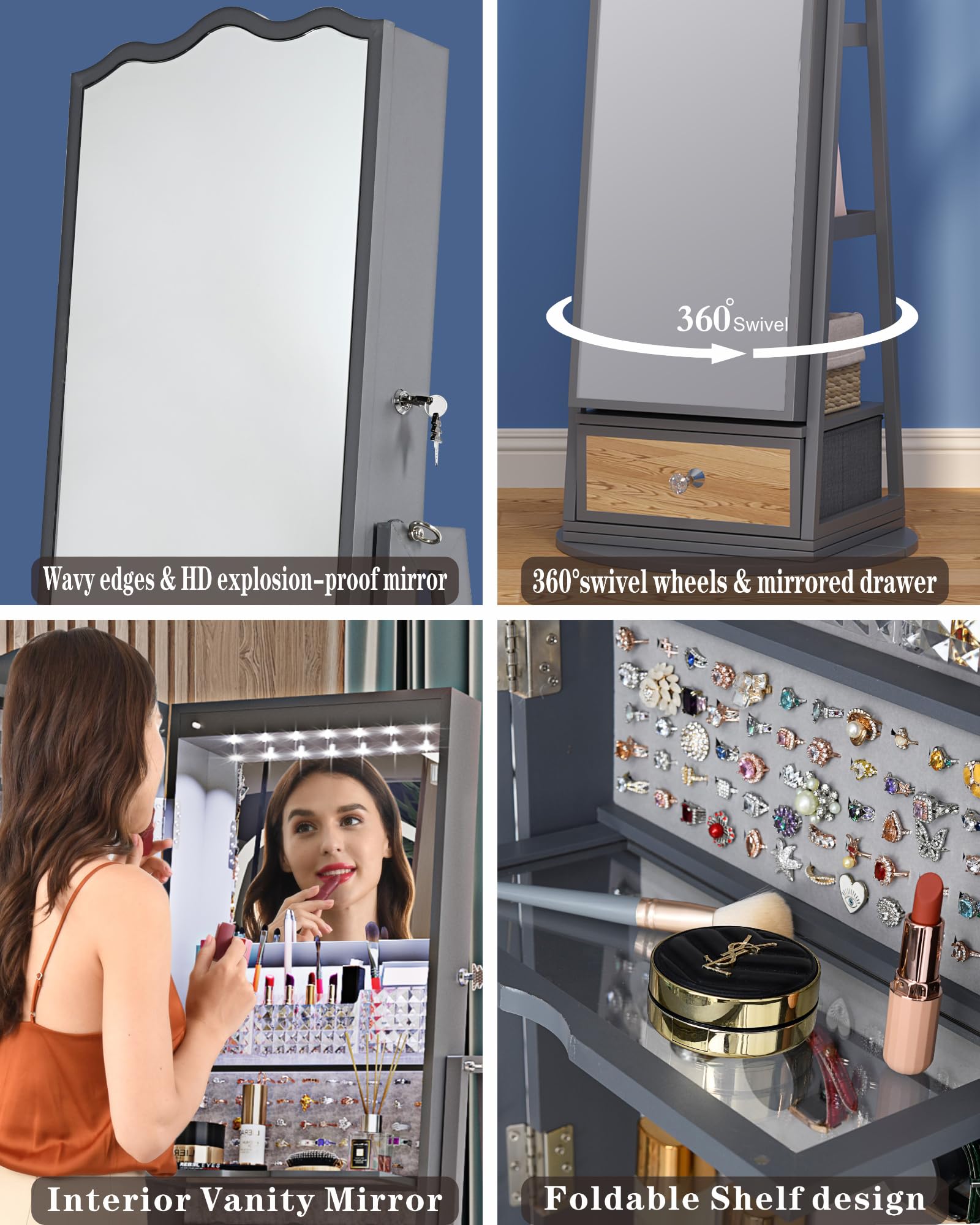 360° Swivel Full-Length LED Jewelry Armoire Mirror with Lockable Storage - Large Capacity Vanity Organizer with Shelves & Drawer for Bedroom, Closet, or Dressing Room (Grey)