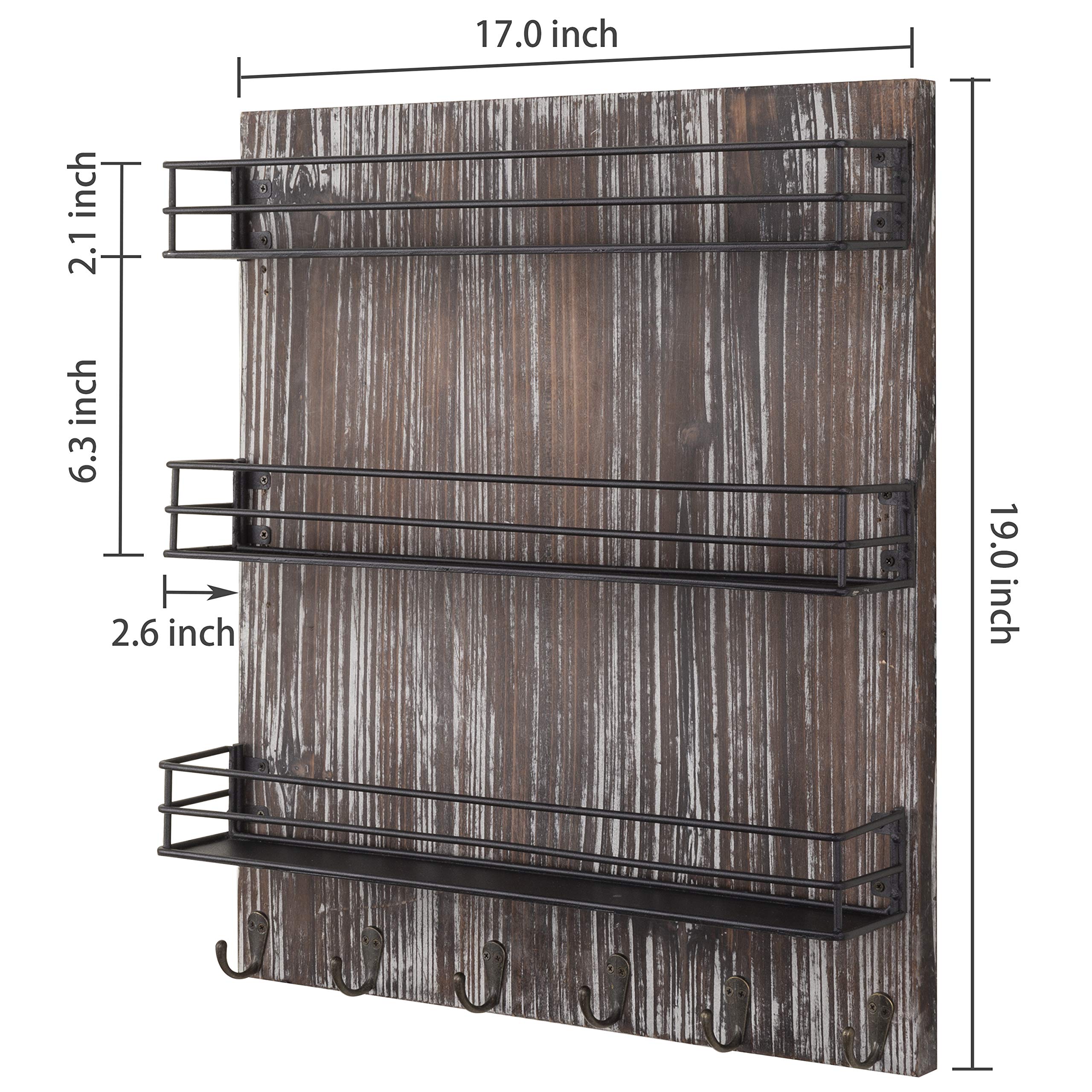 MyGift 3-Tier Black Metal Wall-Mounted Spice Rack Organizer with Torched Wood Finish, 6 Hooks & Seasoning Jars - Space-Saving Kitchen Storage for Spices, Utensils & Cooking Essentials - Perfect for Small Kitchens, Pantries & RV Cooking Spaces