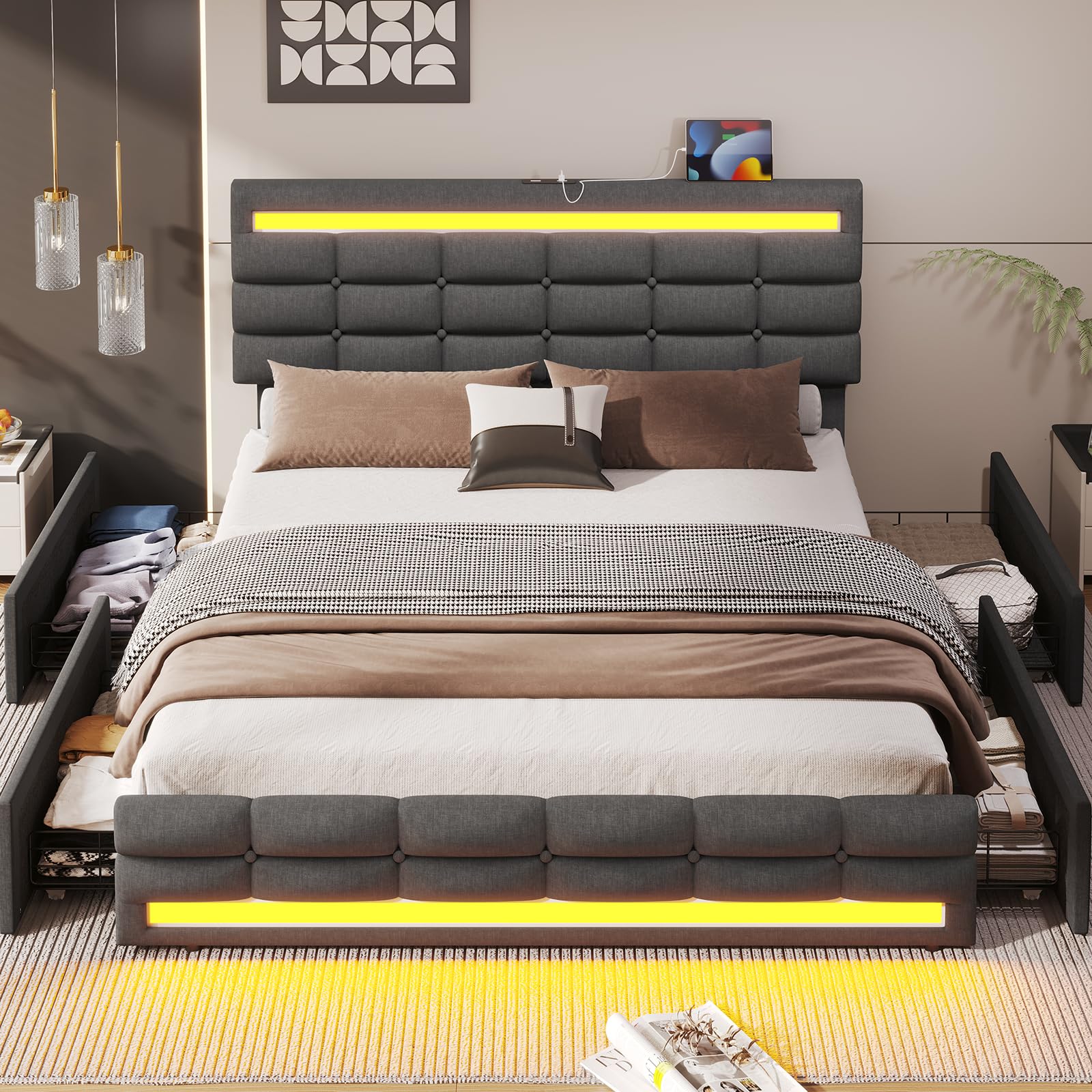 ADORNEVE Queen LED Bed Frame with 4 Storage Drawers & 2 USB Ports - Upholstered Platform Bed with Illuminated Headboard & Footboard, No Box Spring Required, Dark Grey - Perfect for Modern Bedrooms, Guest Rooms & Smart Home Setups