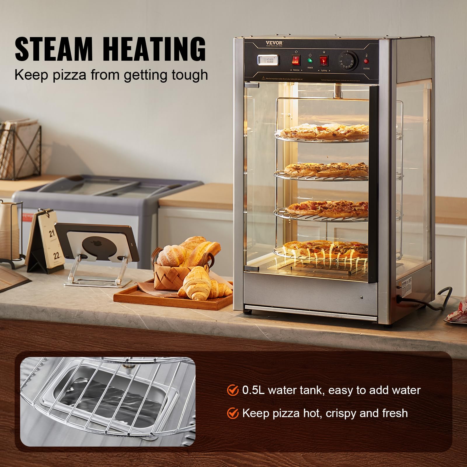 VEVOR 4-Tier Commercial Pizza Warmer with Rotary Steam Heating | 14