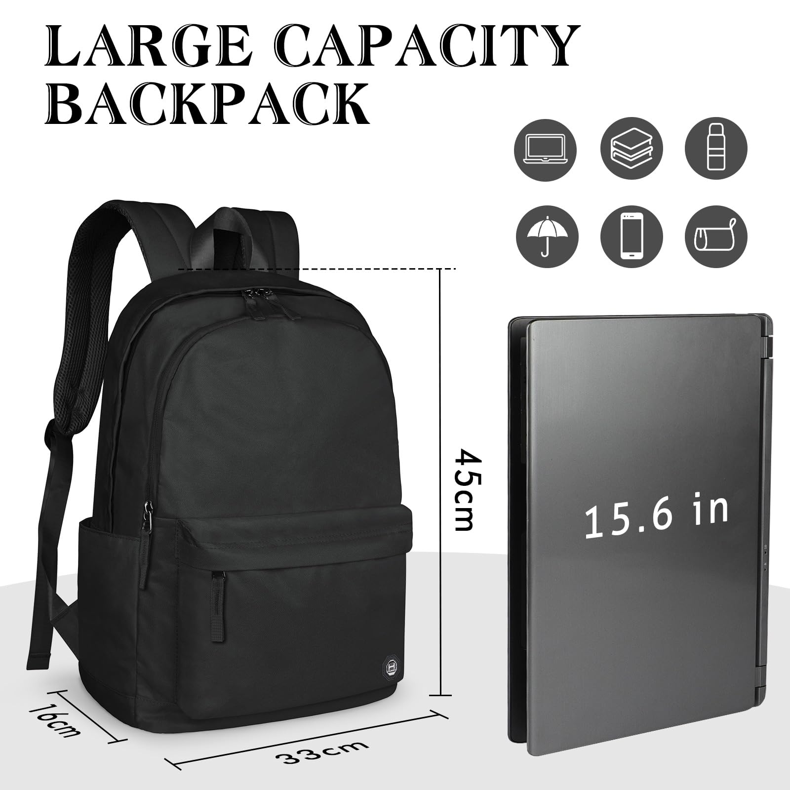 HAMUNI Lightweight Unisex Backpack for School, College, Travel & Work - Durable Laptop Backpack Fits 15.6 Inch Notebook - Perfect for Students, Professionals & Daily Commuters (Black, One Size)