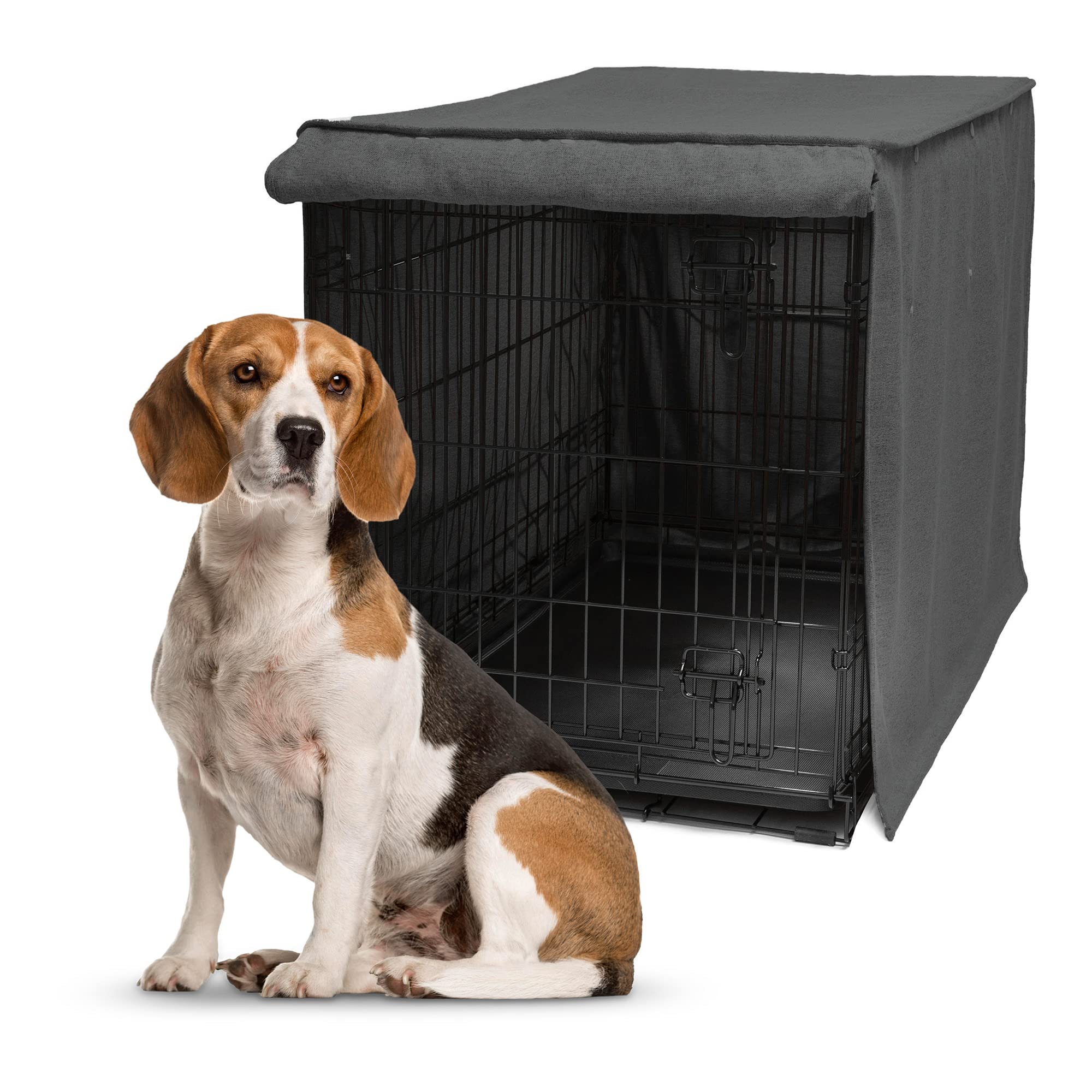 Friends Forever 36 Inch Metal Dog Crate Cover - Light Blocking Wire Kennel Cover with Protective Curtain & Roller Shades | Machine Washable Trucker Black | Perfect for Home, Travel & Anxiety Relief