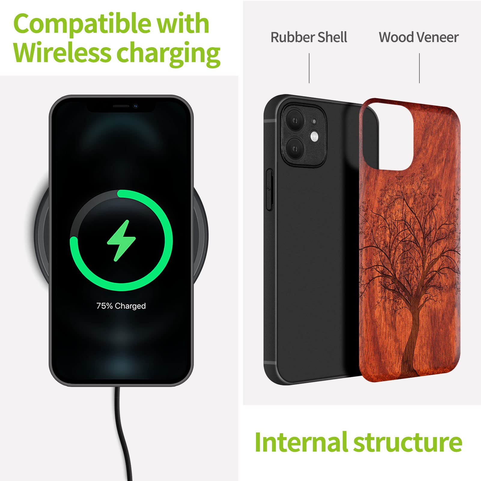 Carveit Magnetic Wooden iPhone 12 Case - Natural Wood & Black TPU Shockproof Protective Cover with MagSafe Compatibility | Premium Wood Phone Case for Everyday Protection (Leafy Tree Red Wood Design) - Perfect for Work, Travel & Outdoor Activities