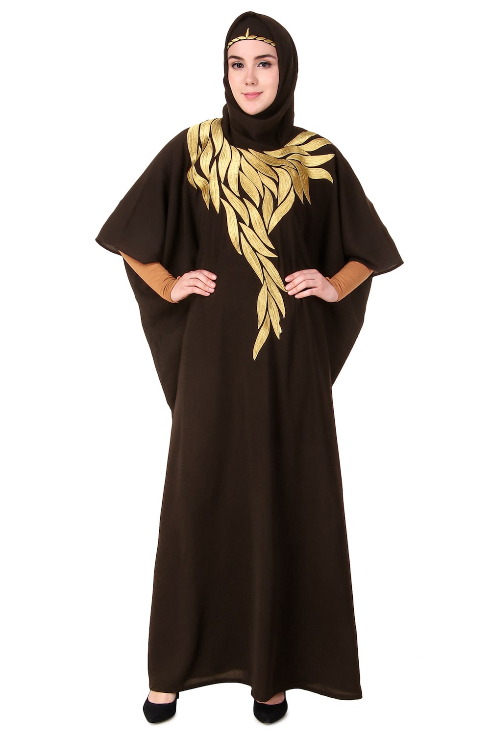 Handmade Gold Embroidered Multi-Leaf Design Kaftan Dress - Elegant Boho Chic Loungewear for Women, Perfect for Beach Cover-ups, Resort Wear & Summer Evenings