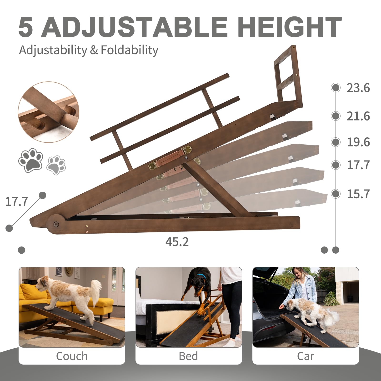 ABORON Adjustable Pet Ramp for Dogs & Cats - 5-Level Folding Dog Ramp for Bed, Couch, SUV, Car - Non-Slip Rubber Surface Supports 200 lbs, 45.2
