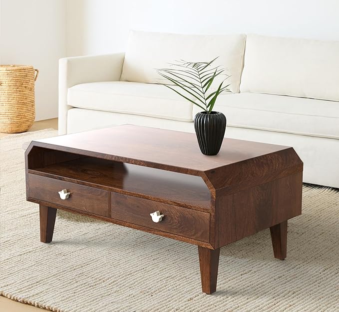 Solid Wood Coffee Table with 3 Open Storage Compartments - Corsica Wooden Center Table for Living Room, Brown | Rustic Home Decor for Small Spaces & Modern Farmhouse Style